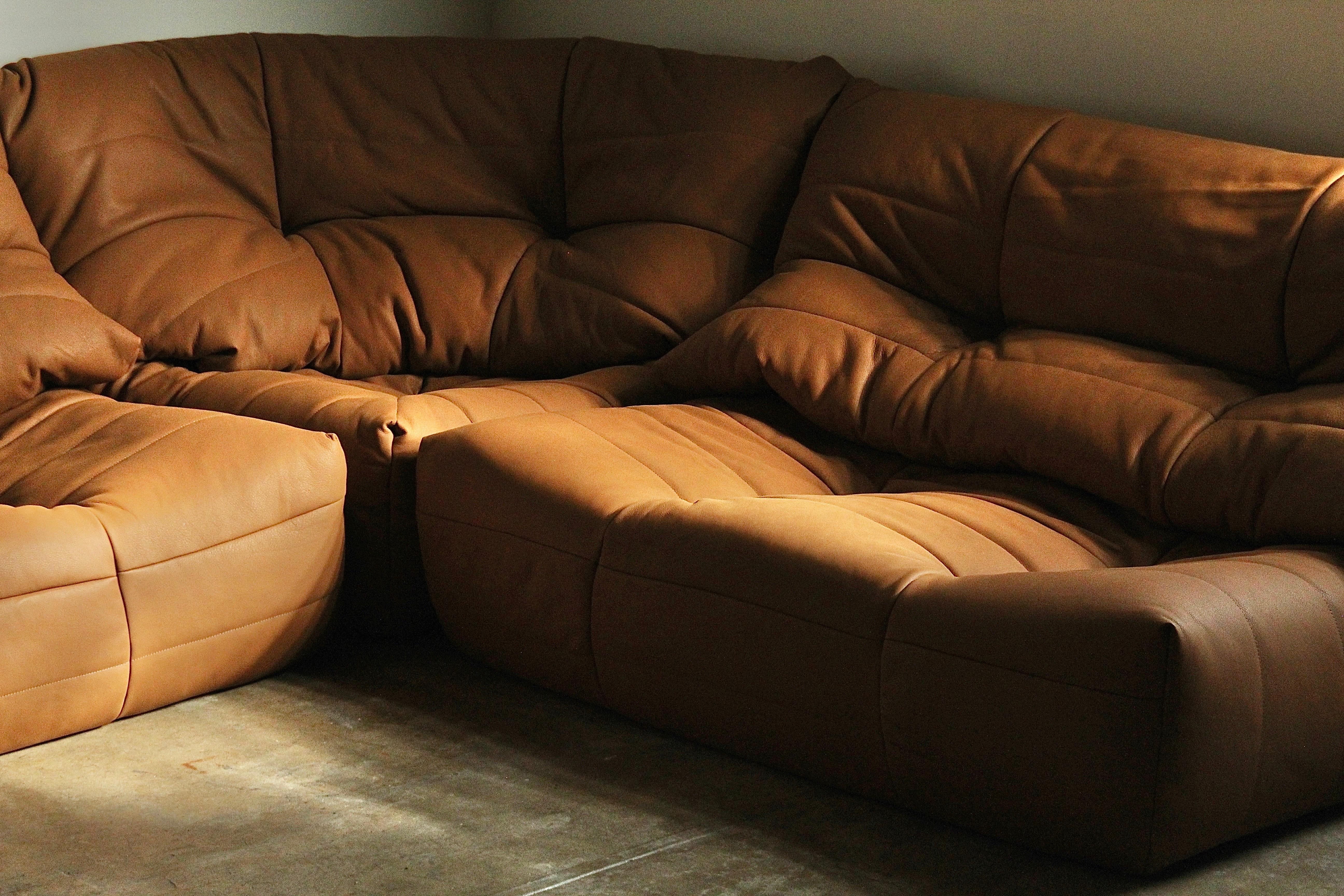 Michel Ducaroy Style Modular Leather Corner Sofa, 1970s 4