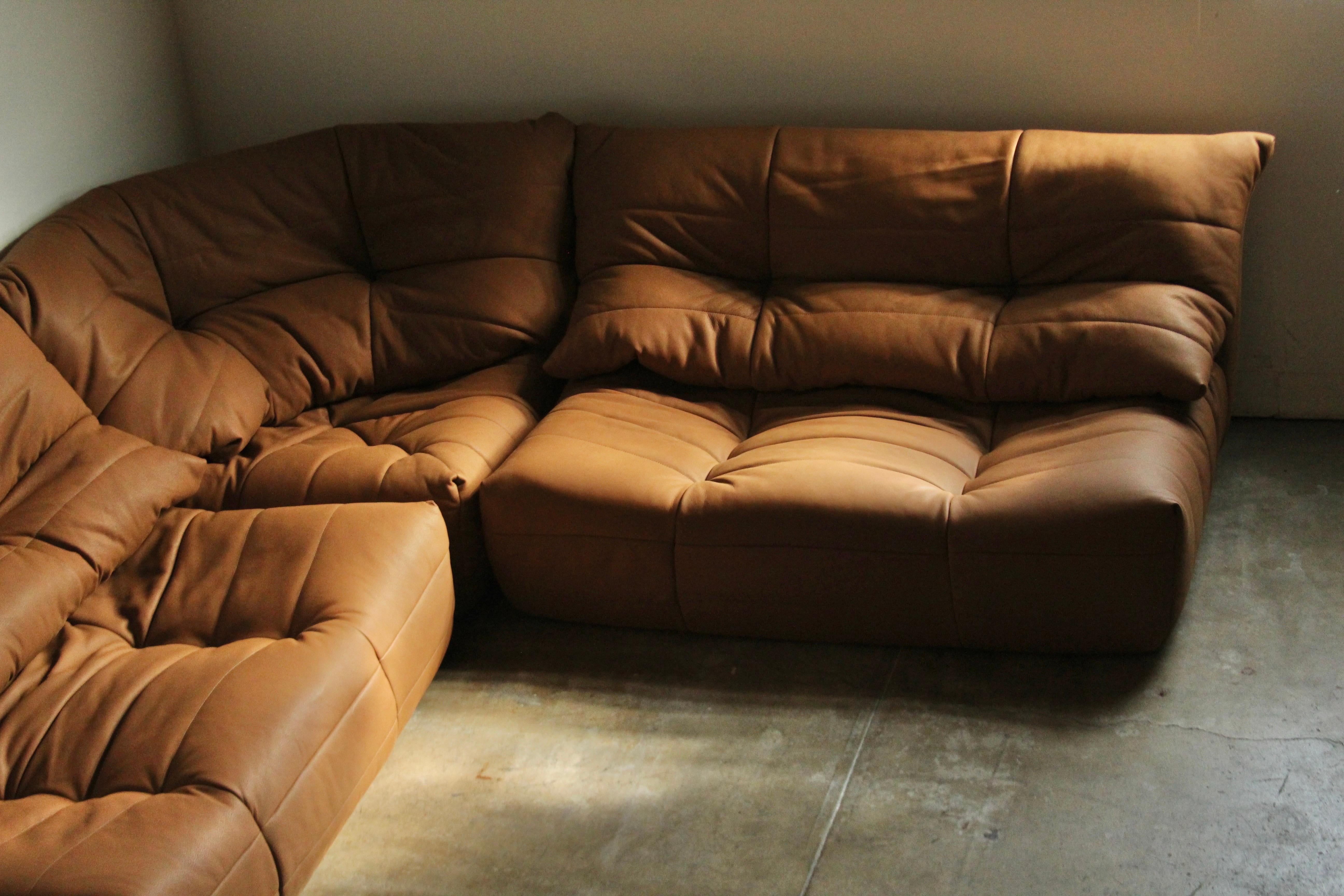 Michel Ducaroy Style Modular Leather Corner Sofa, 1970s 10