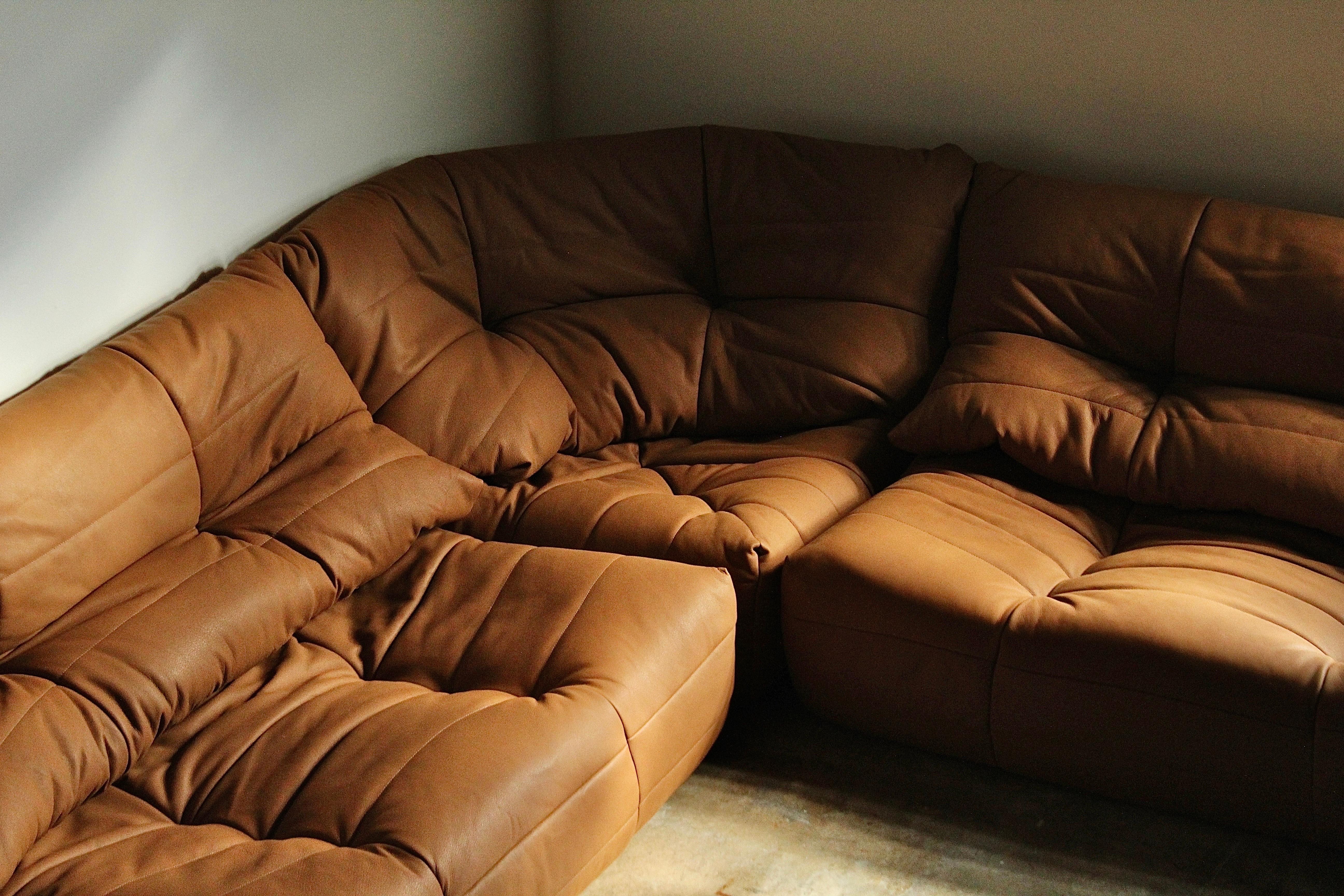 Michel Ducaroy Style Modular Leather Corner Sofa, 1970s 11