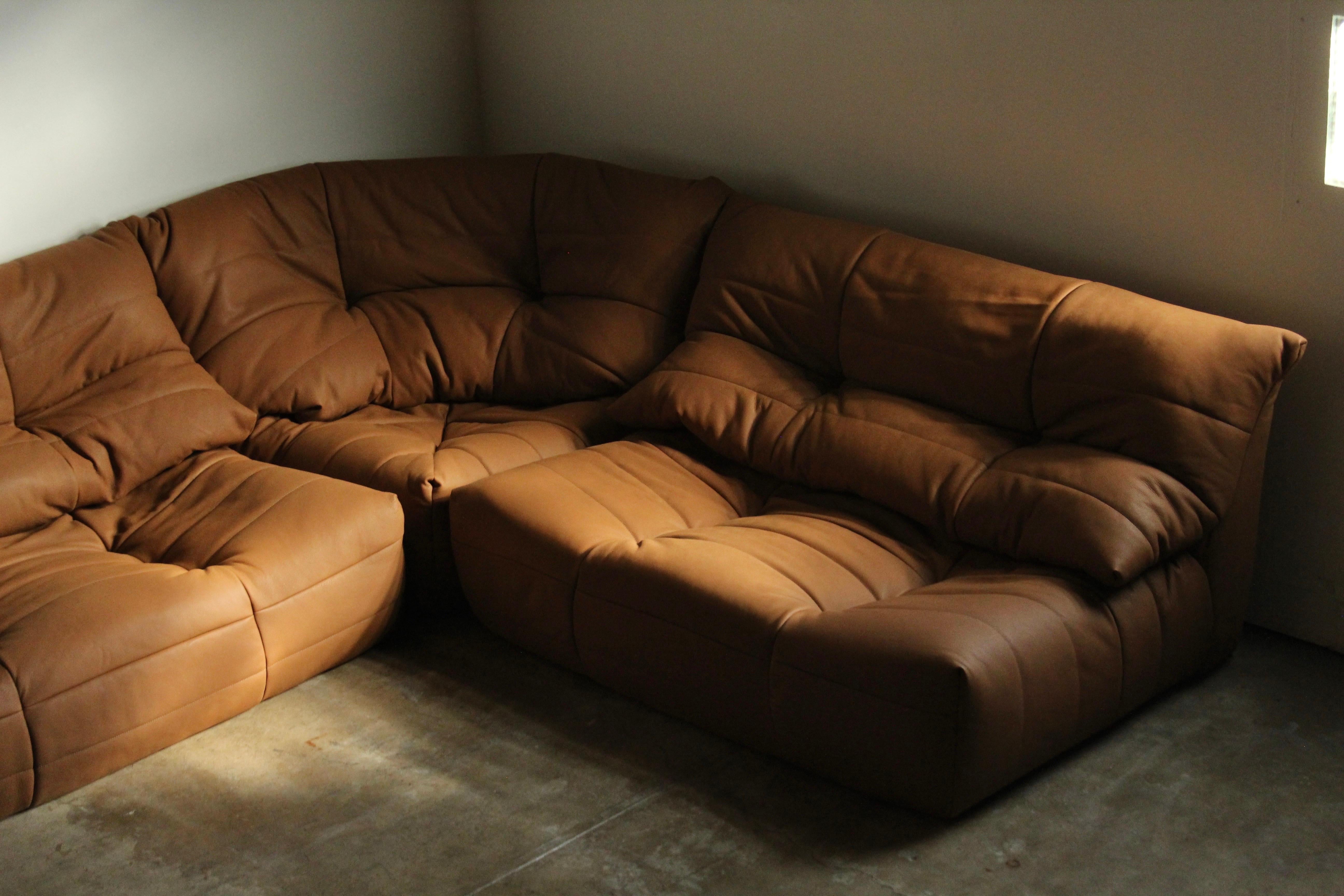 Mid-Century Modern Michel Ducaroy Style Modular Leather Corner Sofa, 1970s