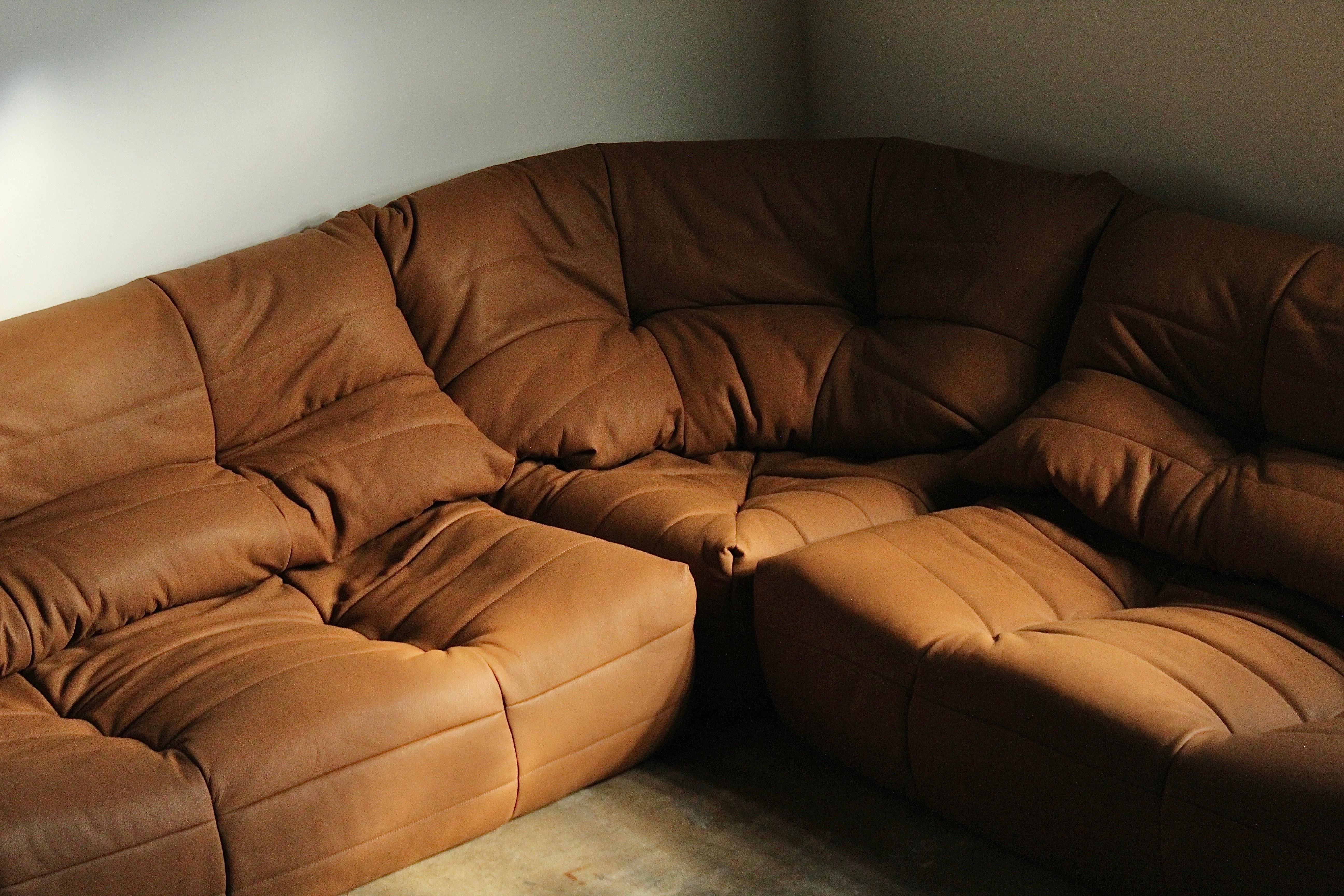 Canadian Michel Ducaroy Style Modular Leather Corner Sofa, 1970s