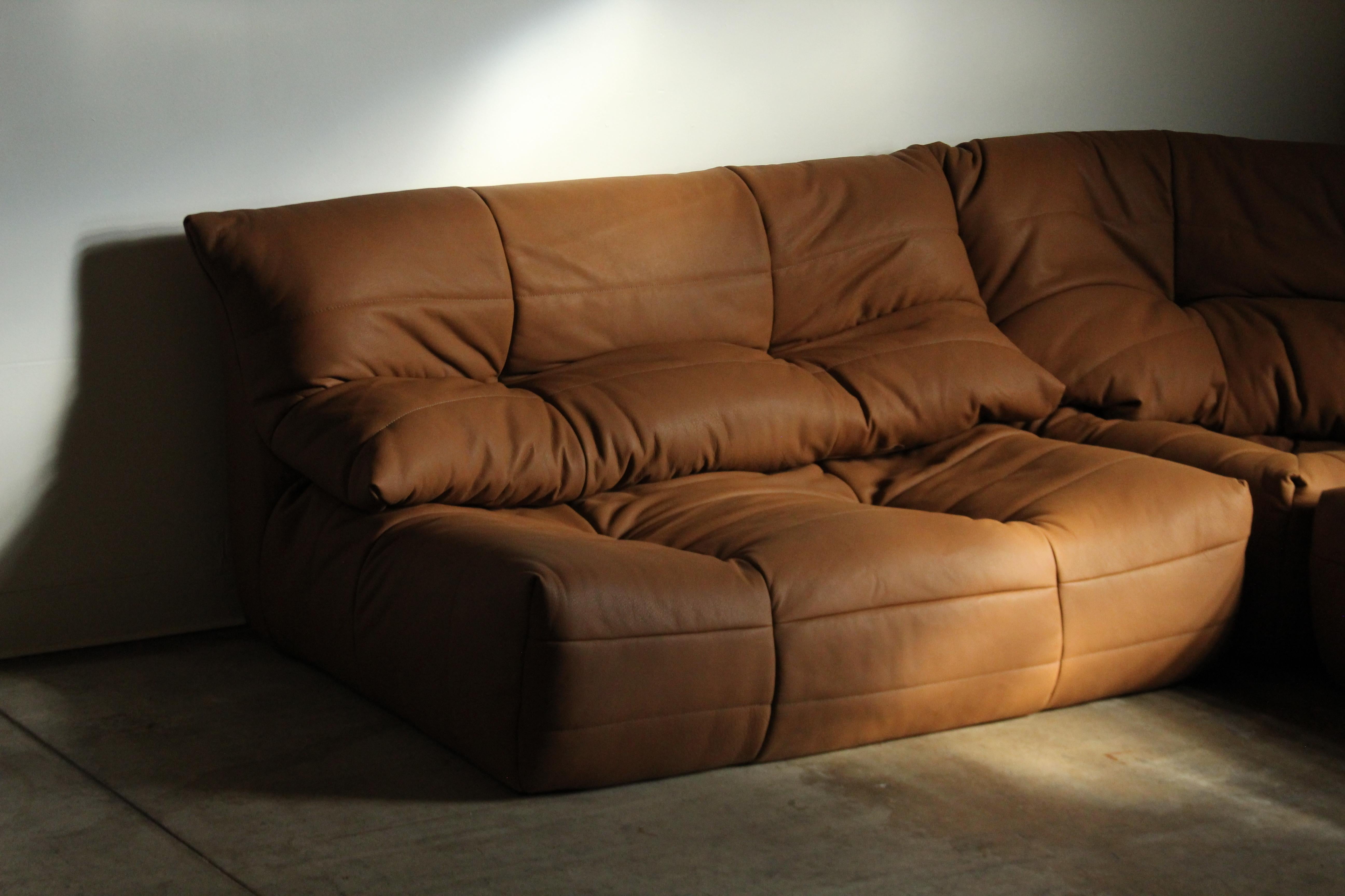 Michel Ducaroy Style Modular Leather Corner Sofa, 1970s In Excellent Condition In Coronado, CA