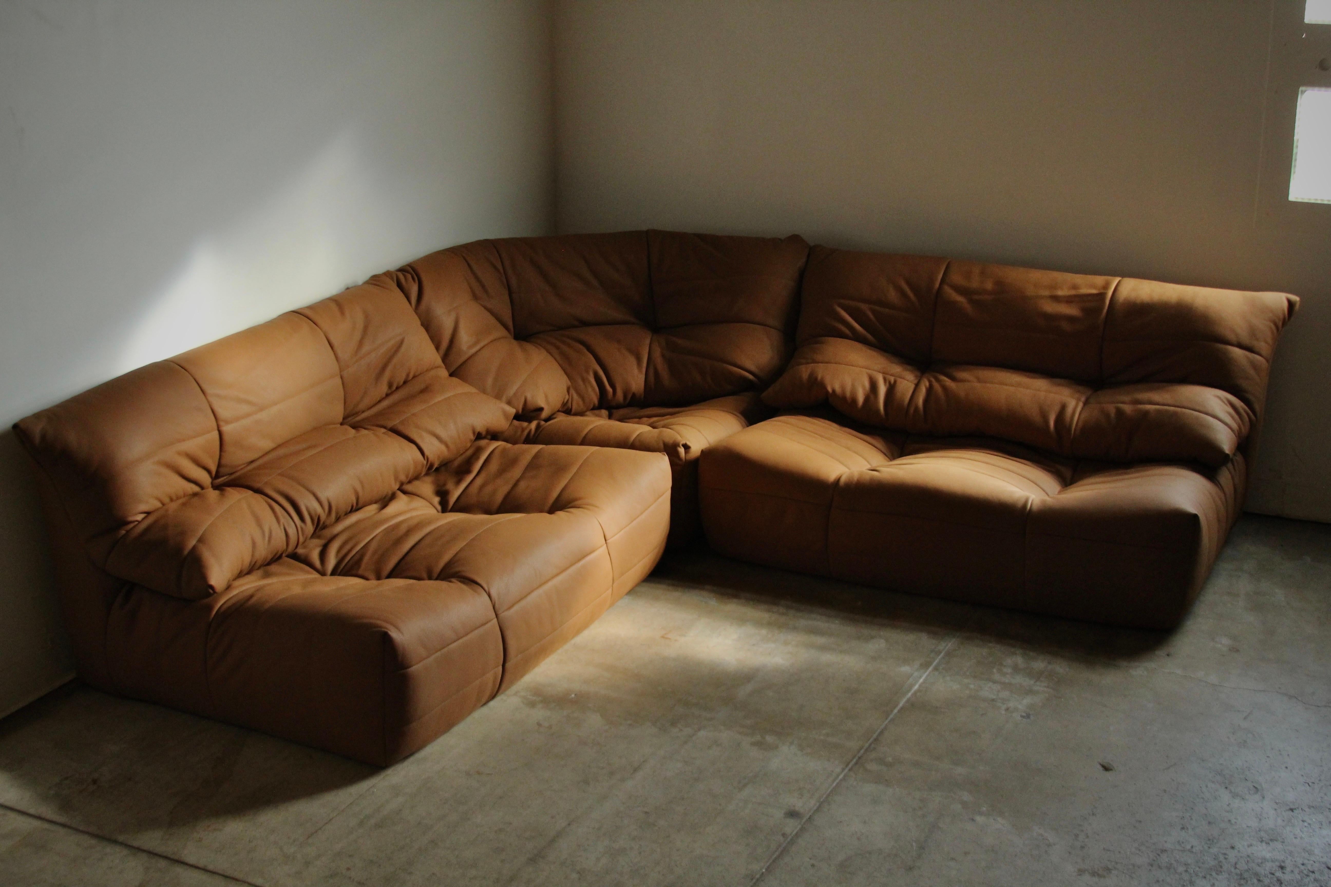 Michel Ducaroy Style Modular Leather Corner Sofa, 1970s 3
