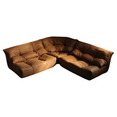 Michel Ducaroy Style Modular Leather Corner Sofa, 1970s