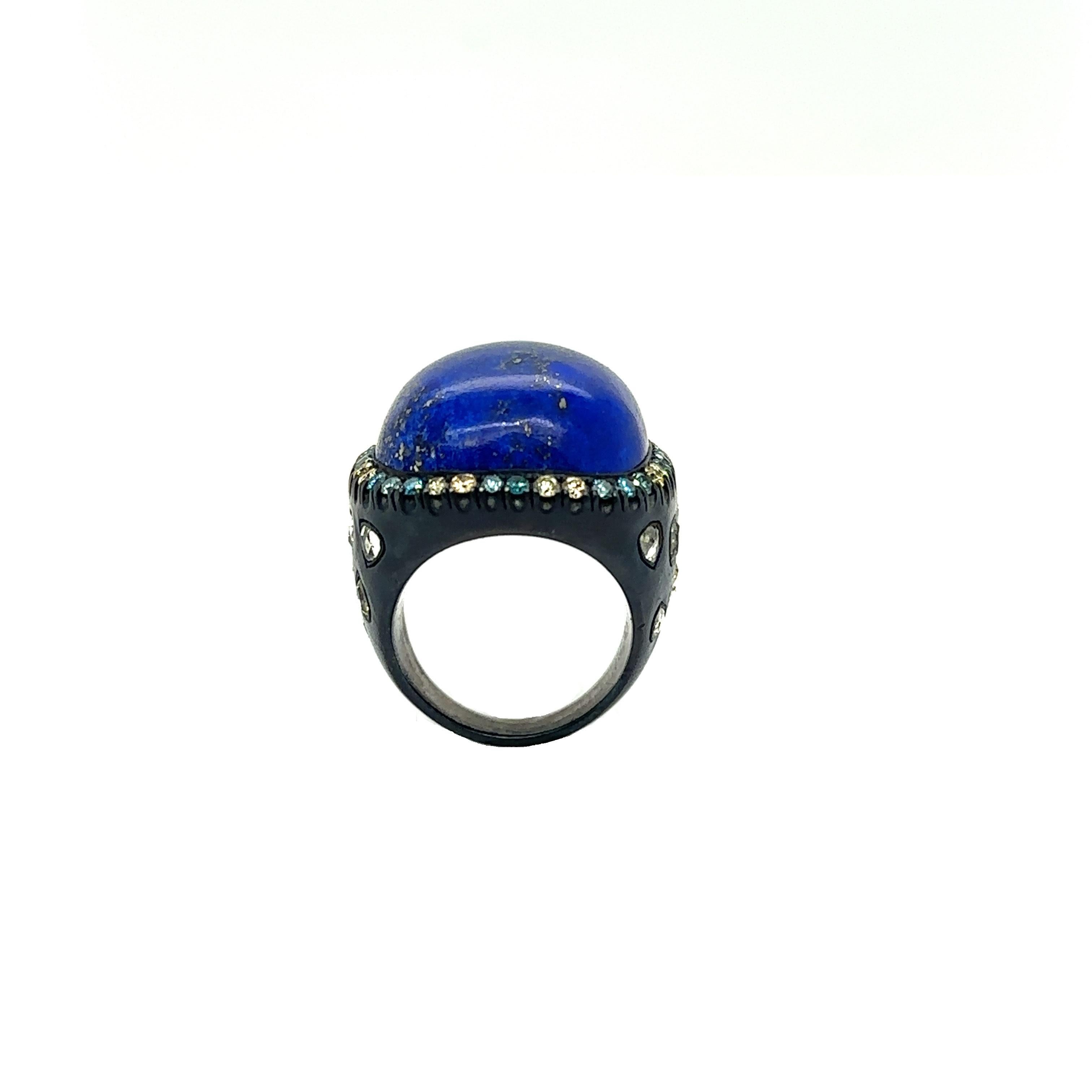 Modern RS-L-537 - Silver Oxidized Ring with Lapis & Diamonds  For Sale