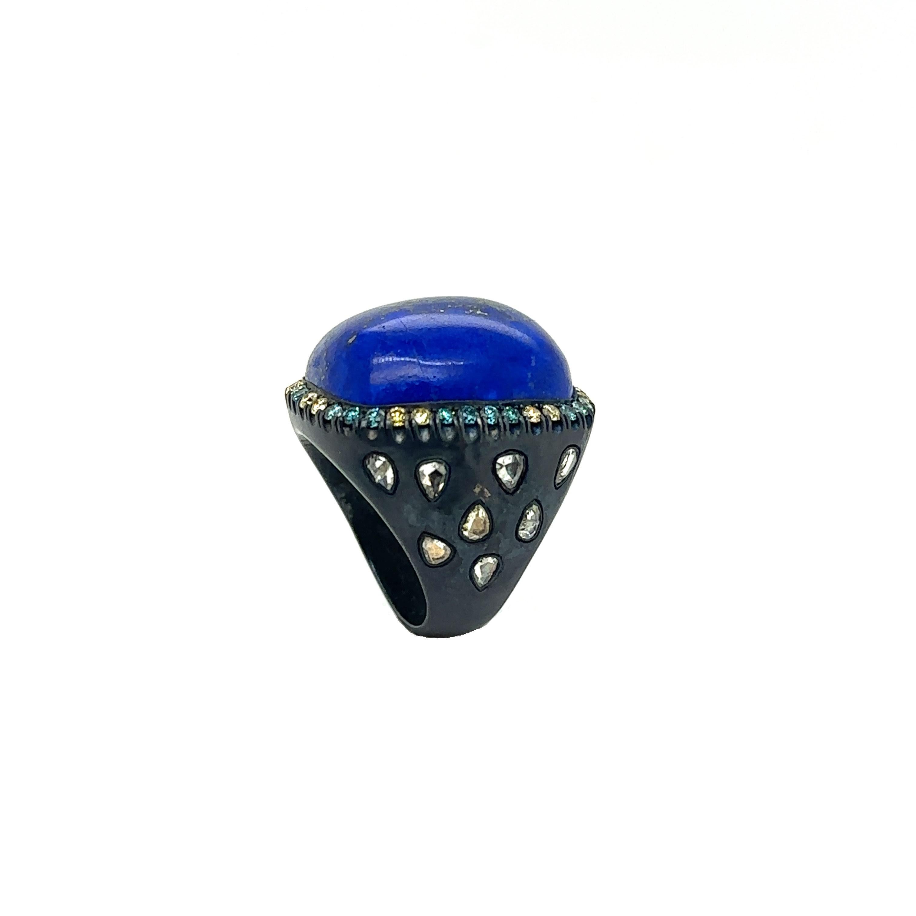 Cushion Cut RS-L-537 - Silver Oxidized Ring with Lapis & Diamonds  For Sale