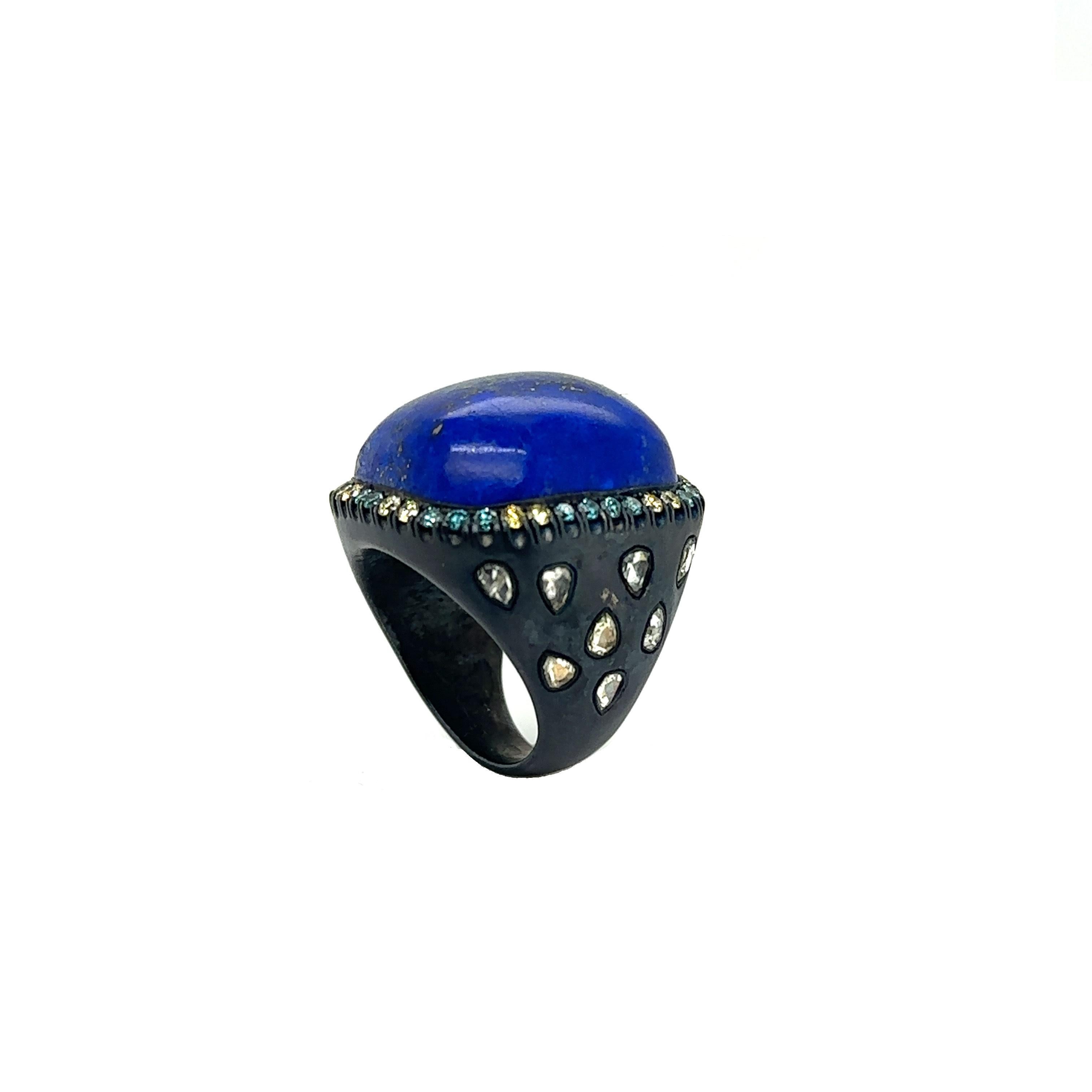 RS-L-537 - Silver Oxidized Ring with Lapis & Diamonds  In New Condition For Sale In New York, NY