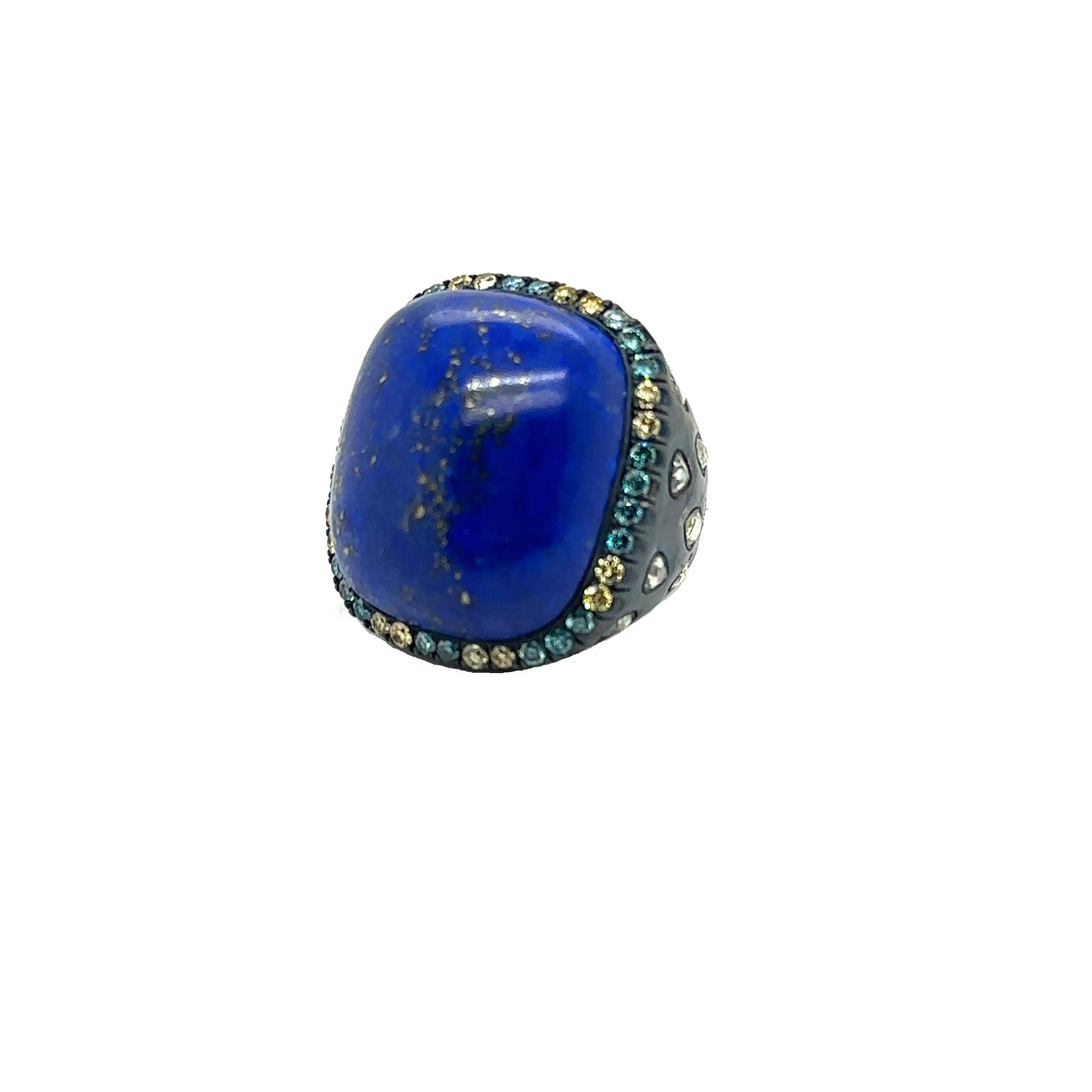 RS-L-537 - Bague en argent oxydé avec lapis et diamants  Pour femmes en vente