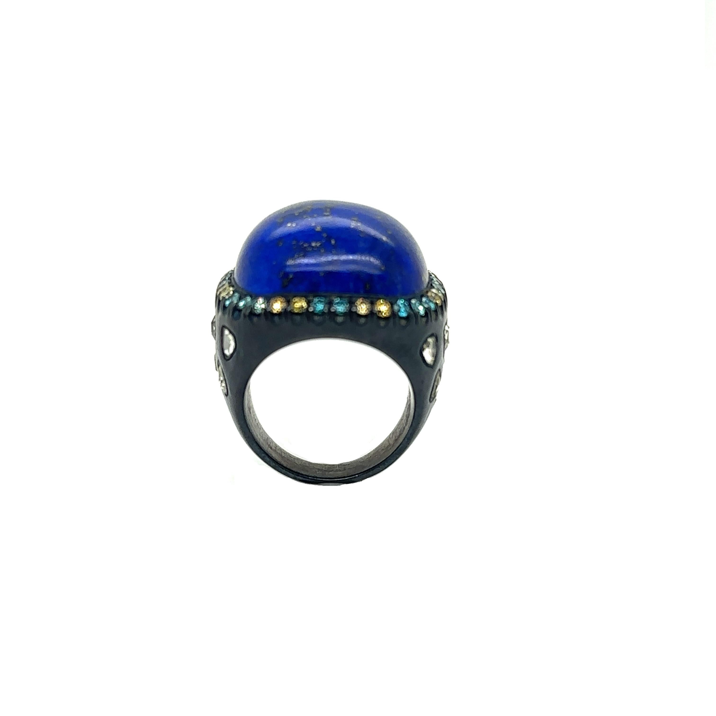 RS-L-537 - Silver Oxidized Ring with Lapis & Diamonds  For Sale 1
