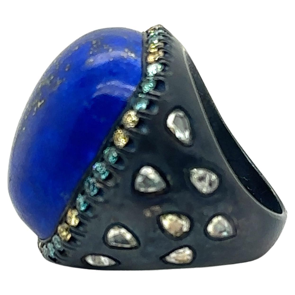 RS-L-537 - Silver Oxidized Ring with Lapis & Diamonds 