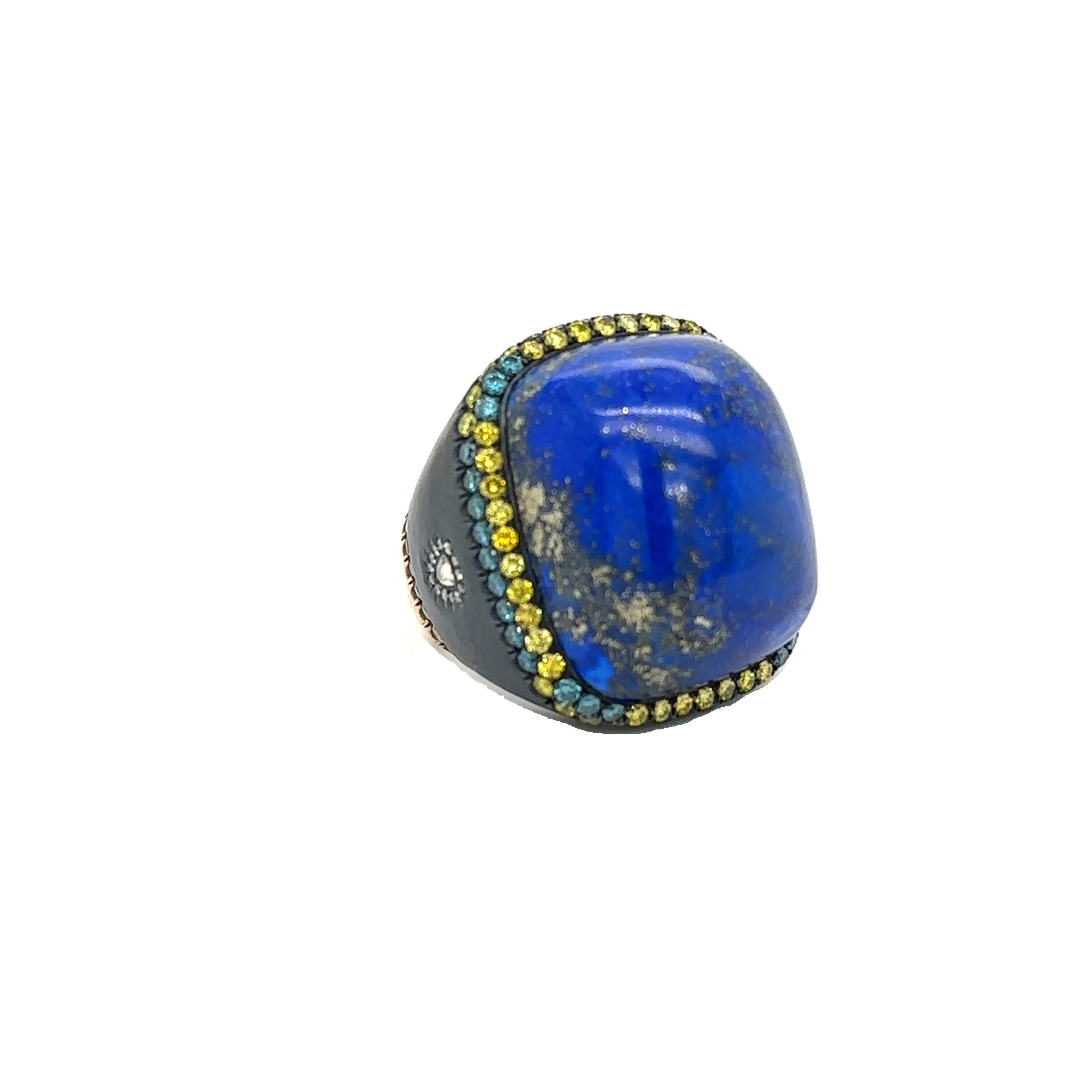 Modern RS-L538-GS - 18K Yellow Gold & Silver Ring with Lapis & Diamonds For Sale