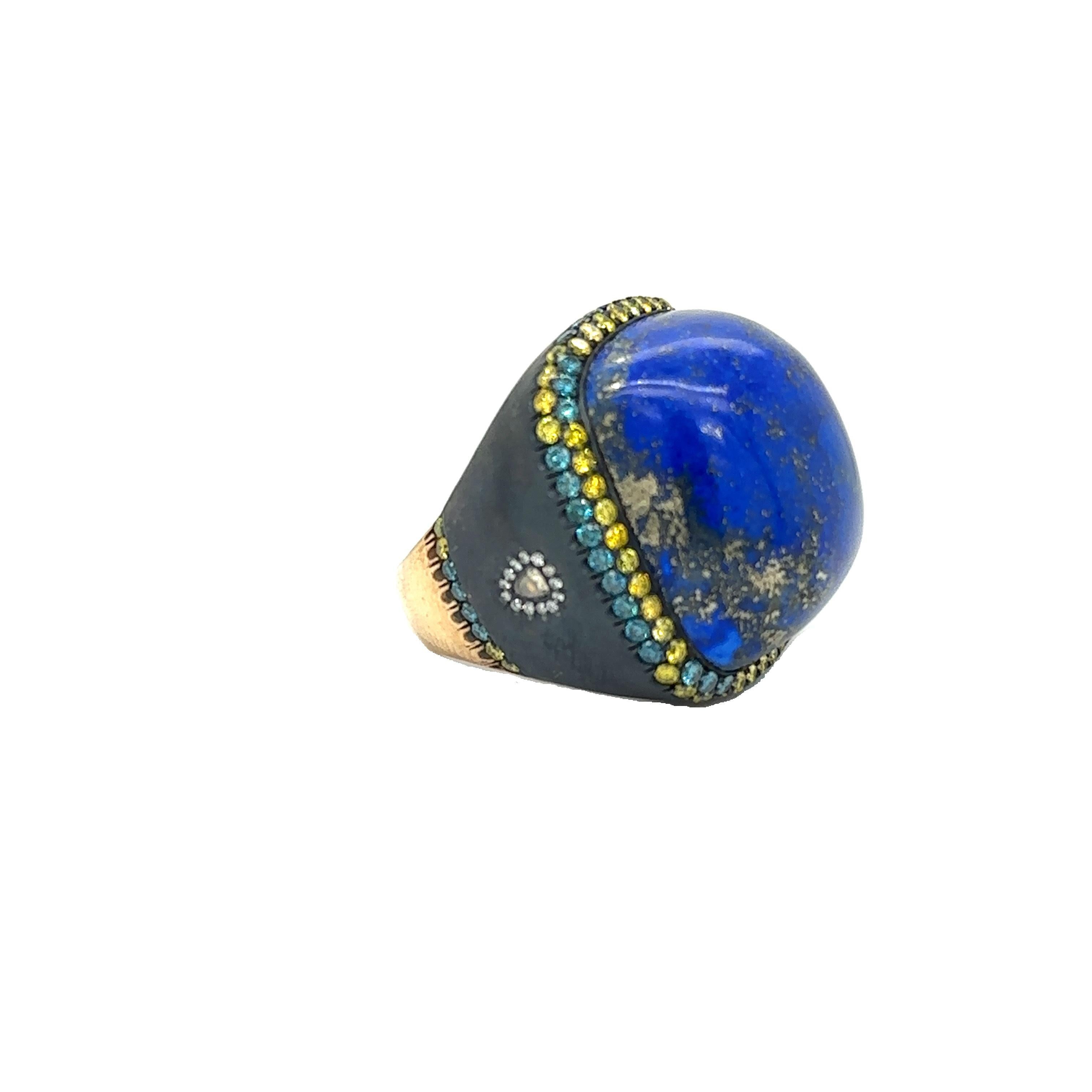 Cushion Cut RS-L538-GS - 18K Yellow Gold & Silver Ring with Lapis & Diamonds For Sale