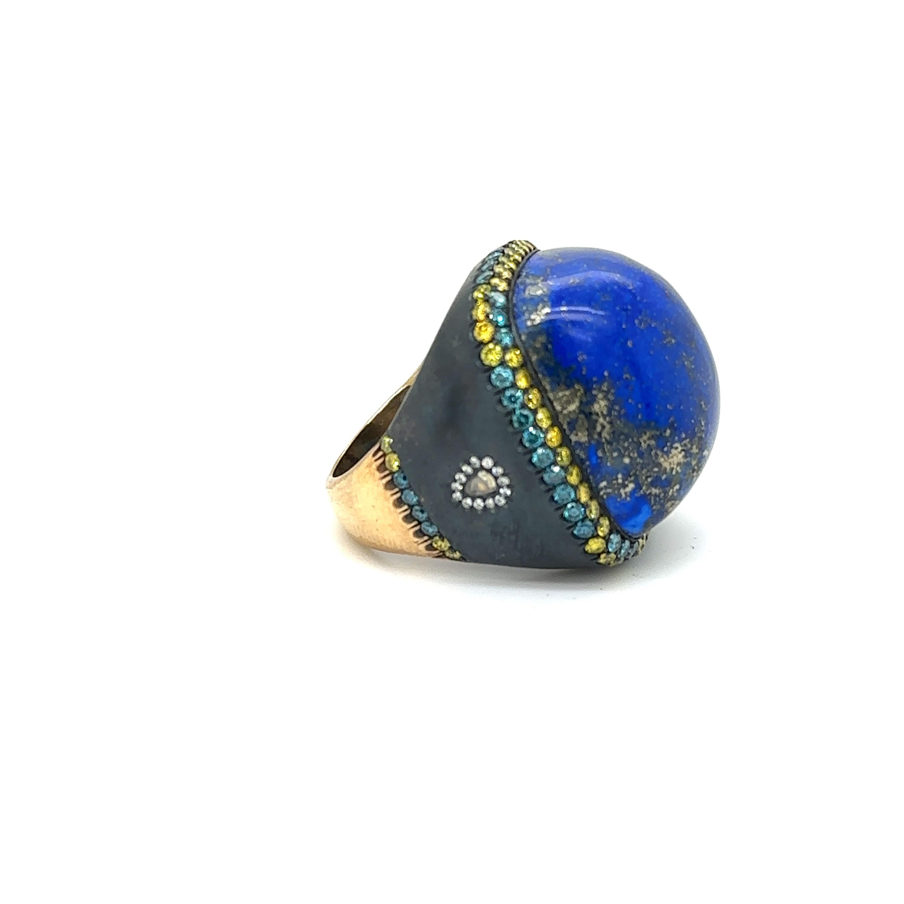 RS-L538-GS - 18K Yellow Gold & Silver Ring with Lapis & Diamonds In New Condition For Sale In New York, NY
