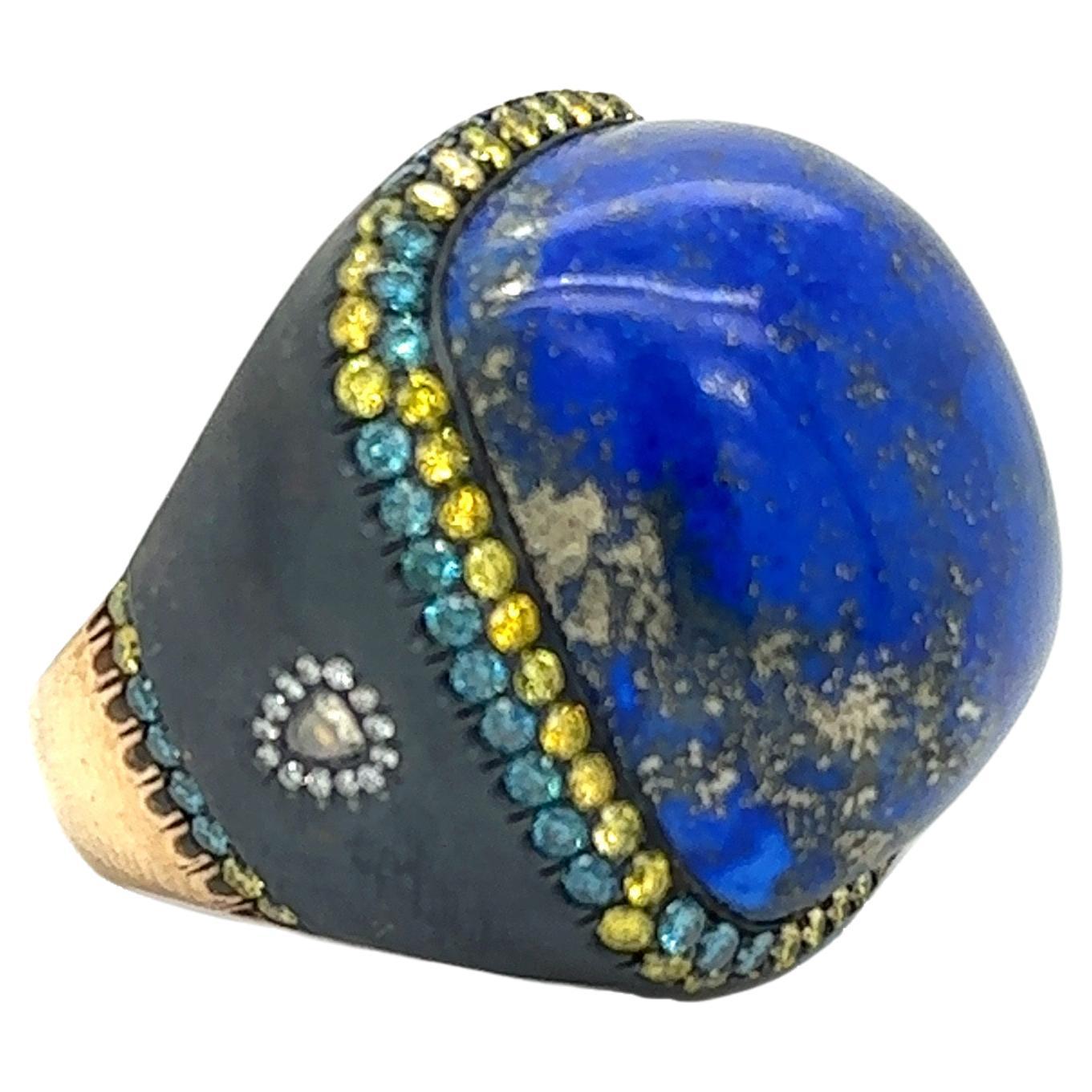 RS-L538-GS - 18K Yellow Gold & Silver Ring with Lapis & Diamonds For Sale