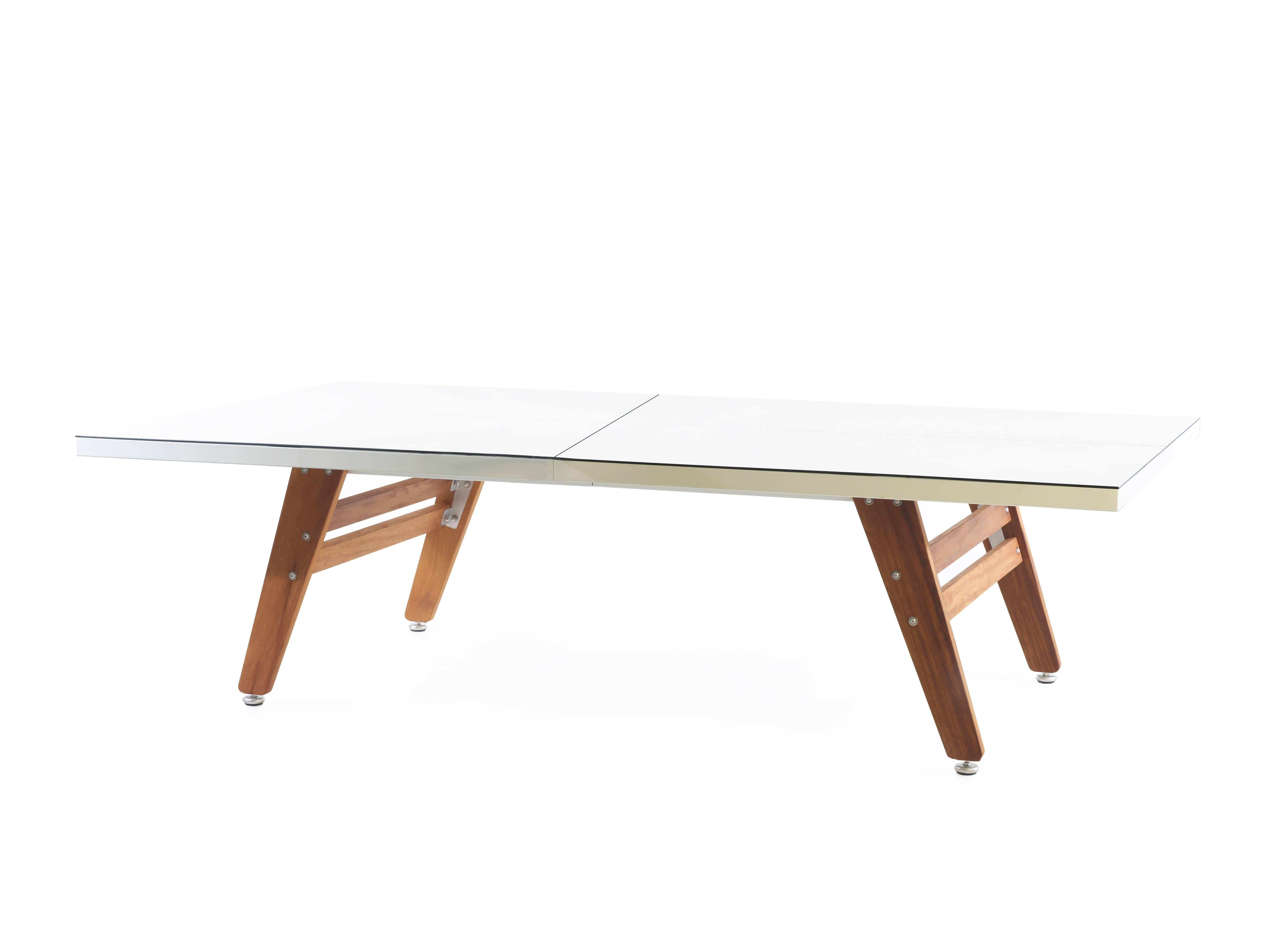 RS Stationary Ping Pong table with white HPL top and iroko wood legs is the pong pong complement to our RS3 Wood foosball tables. This is a full, regulation sized ping pong table suitable for indoor or outdoor use designed with a structure that