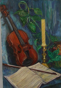 Violin Still Life Oil Painting, Colorful, Framed, Circa 1950, 30x20"
