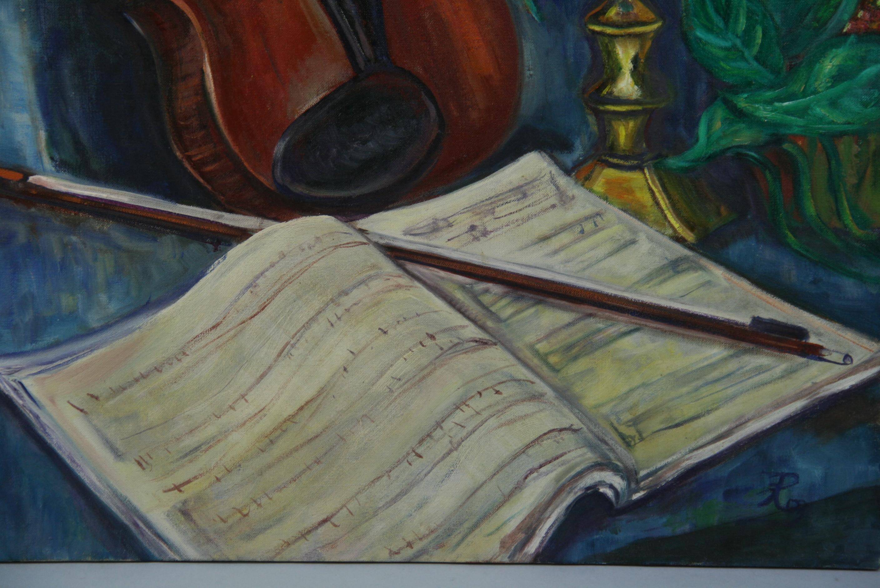 Violin Still Life Oil Painting 1950 For Sale 1
