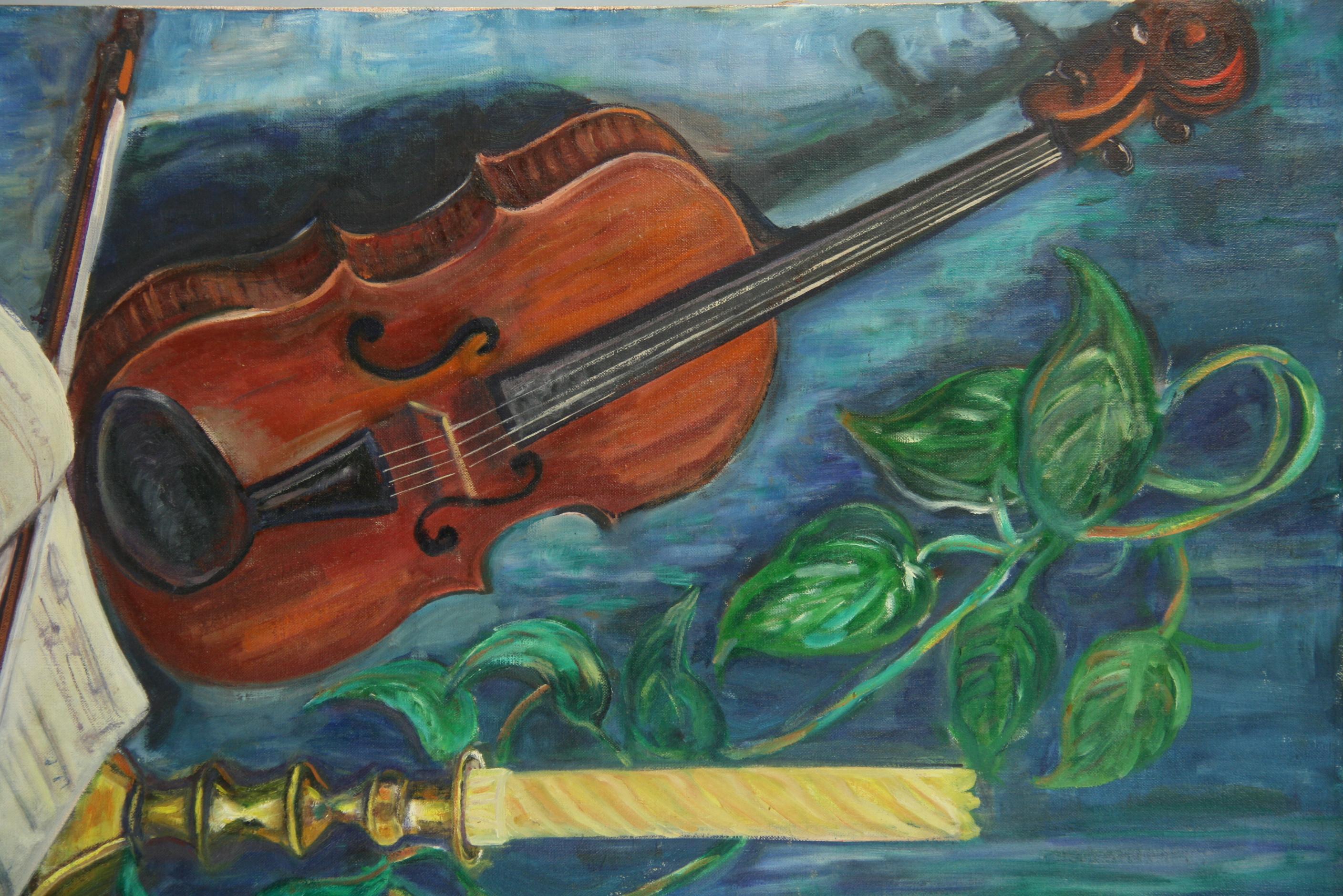 Violin Still Life Oil Painting 1950 For Sale 2