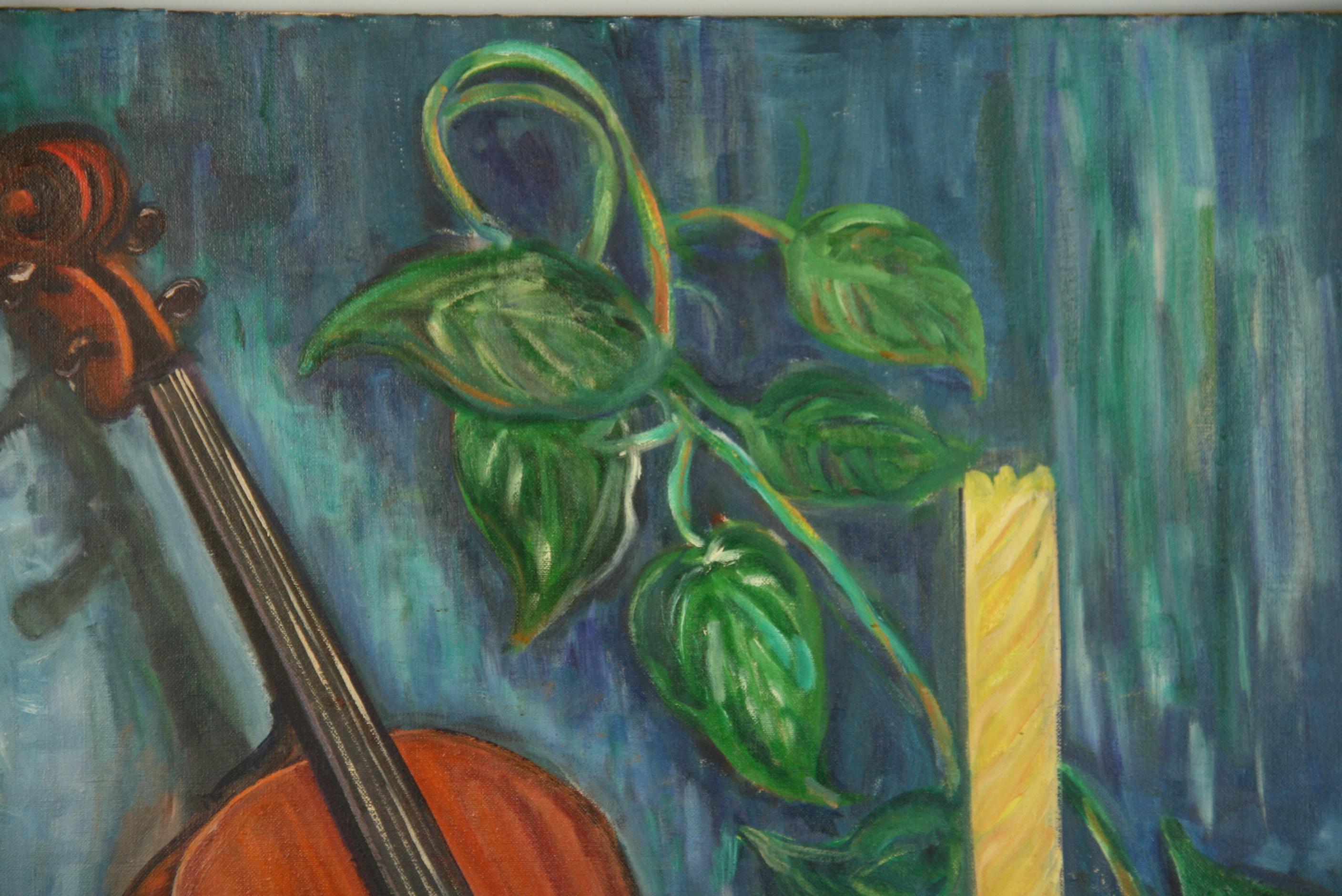 Violin Still Life Oil Painting 1950 For Sale 3