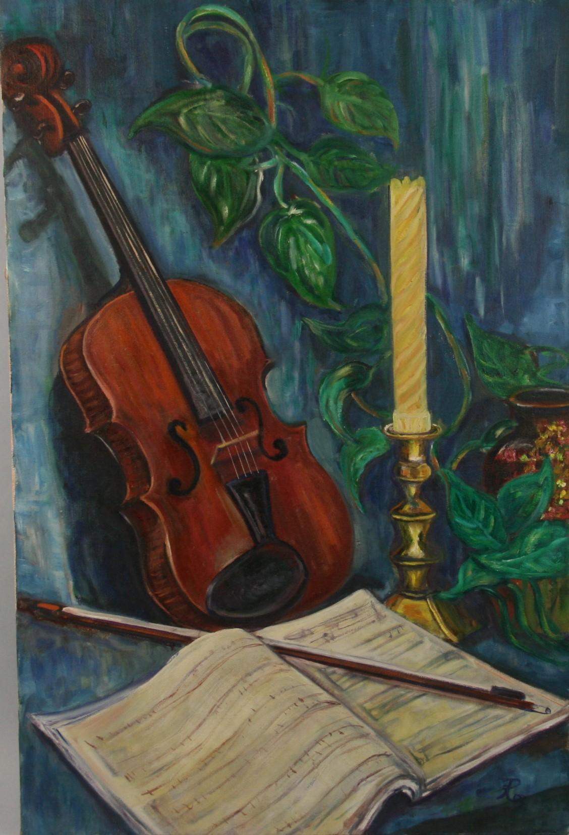 R.Sheiffer Still-Life Painting – Violin-Stillleben, Ölgemälde 1950