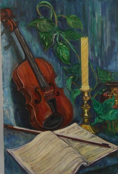 Used Violin Still Life Oil Painting 1950