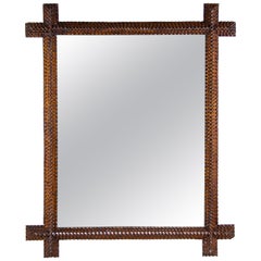 Antique Rsutic Tramp Art Wall Mirror with Chip Carvings Austria, circa 1880
