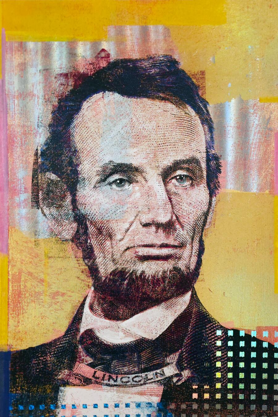 "5 Dollars Abe Lincoln" Präsidentenporträt Gemälde auf Leinwand – Painting von Houben R.T.