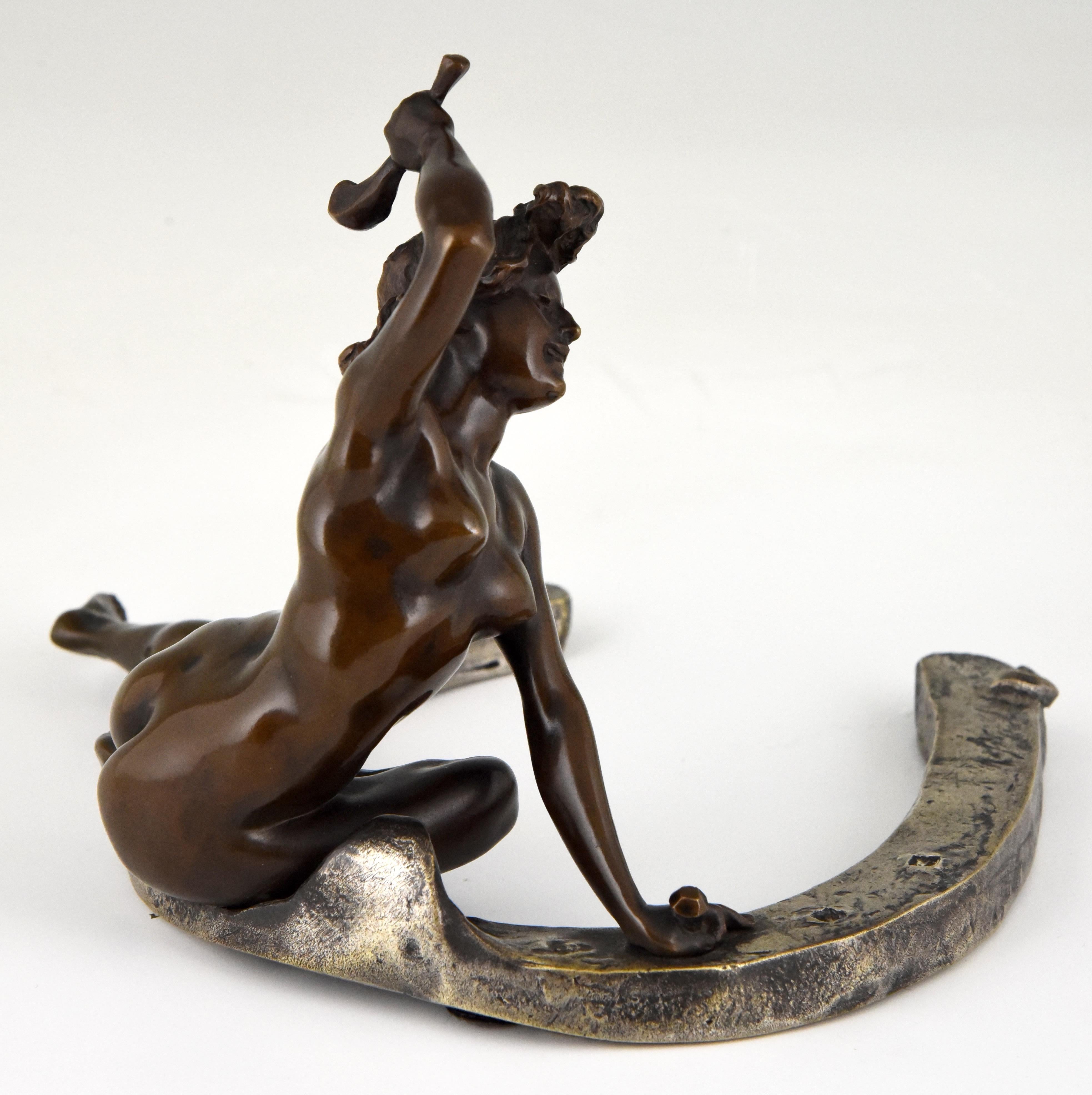 Patinated Art Nouveau Bronze Sculpture Nude on a Horseshoe Georges Récipon 1896 France