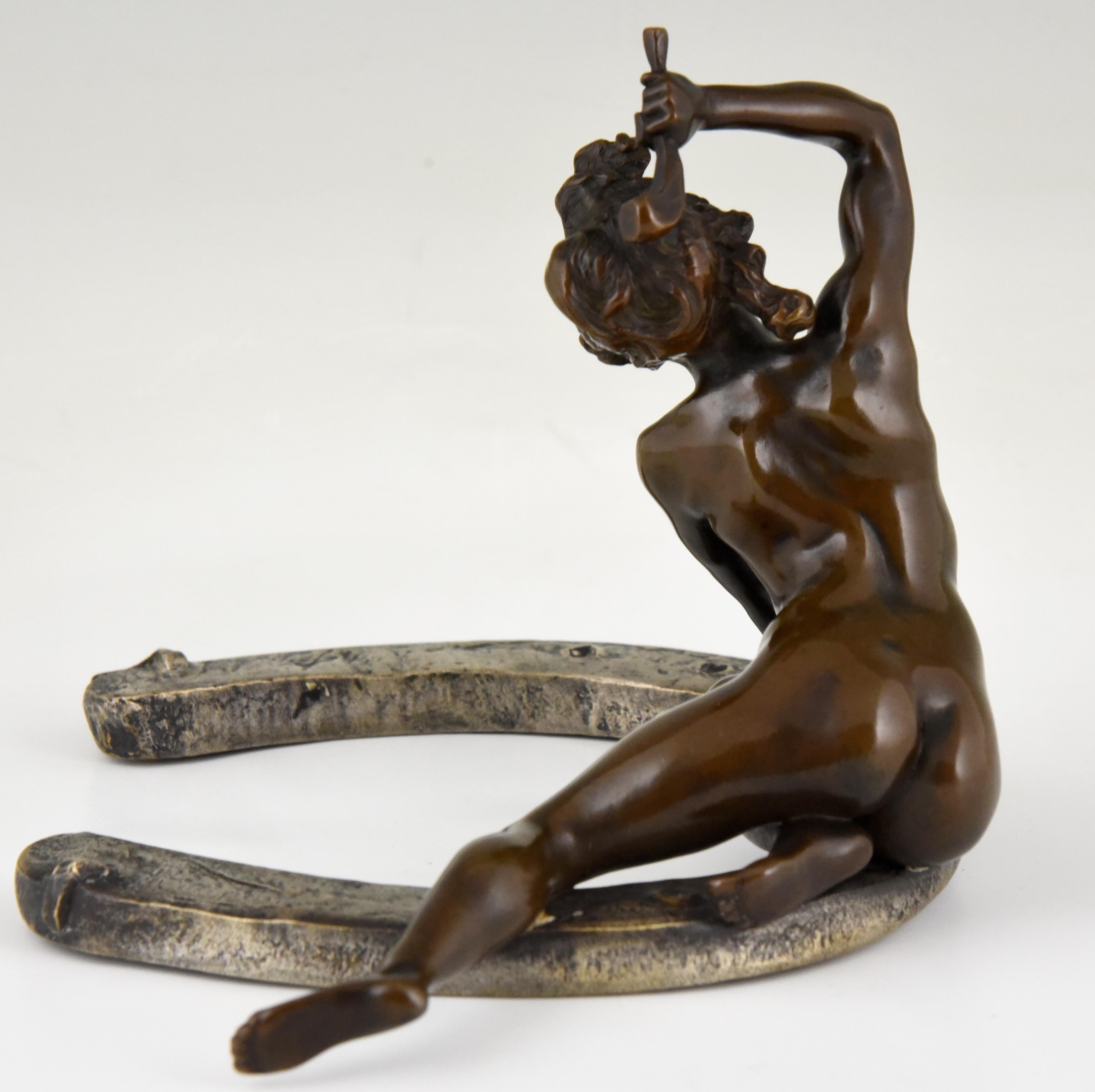 Late 19th Century Art Nouveau Bronze Sculpture Nude on a Horseshoe Georges Récipon 1896 France