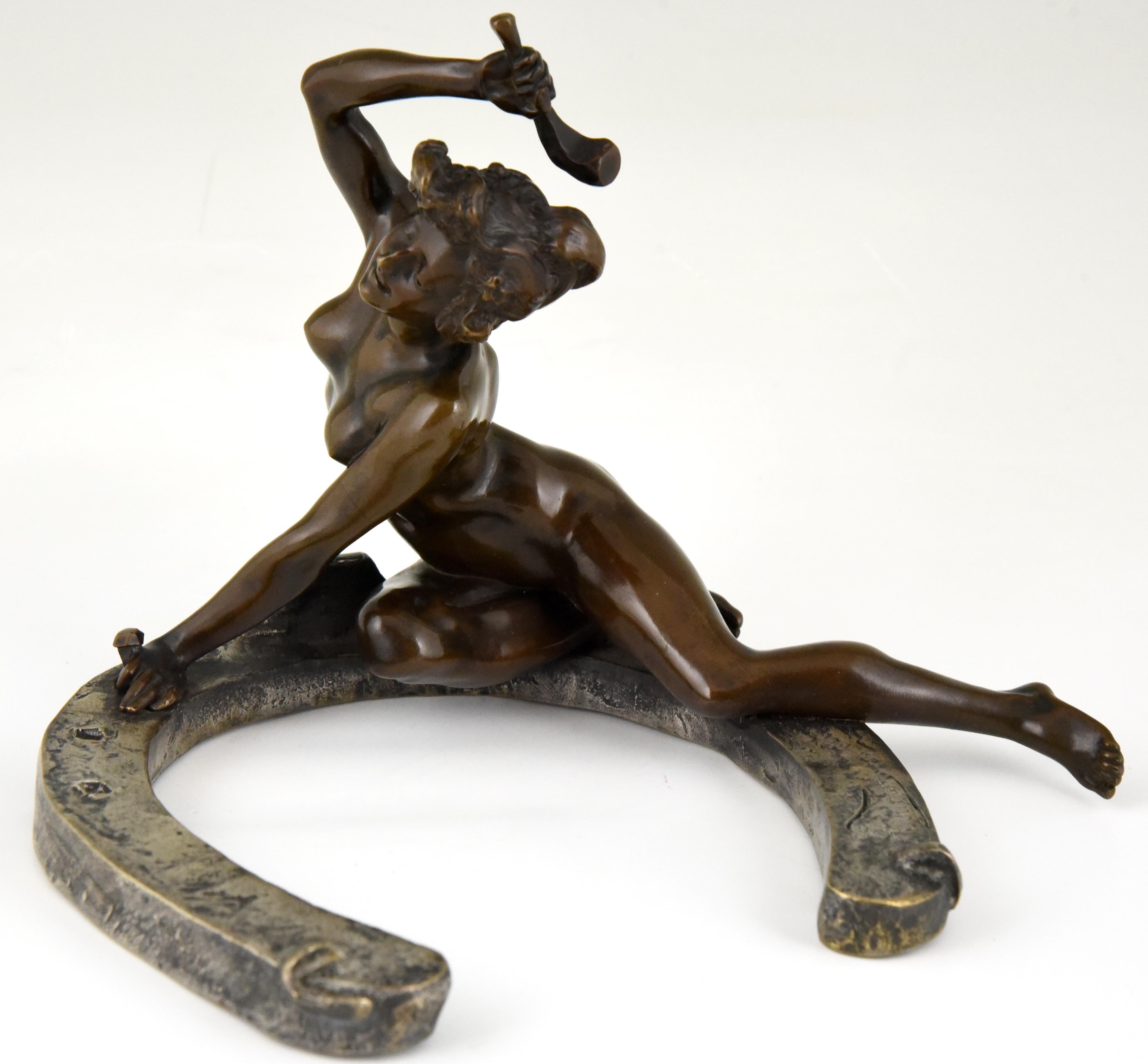 Art Nouveau Bronze Sculpture Nude on a Horseshoe Georges Récipon 1896 France 3