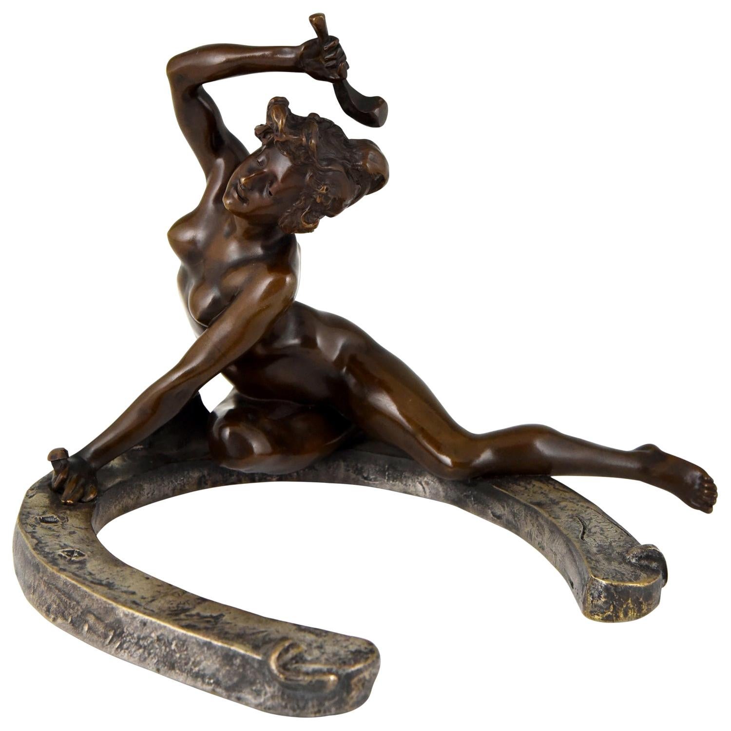 Art Nouveau Bronze Sculpture Nude on a Horseshoe Georges Récipon 1896 France