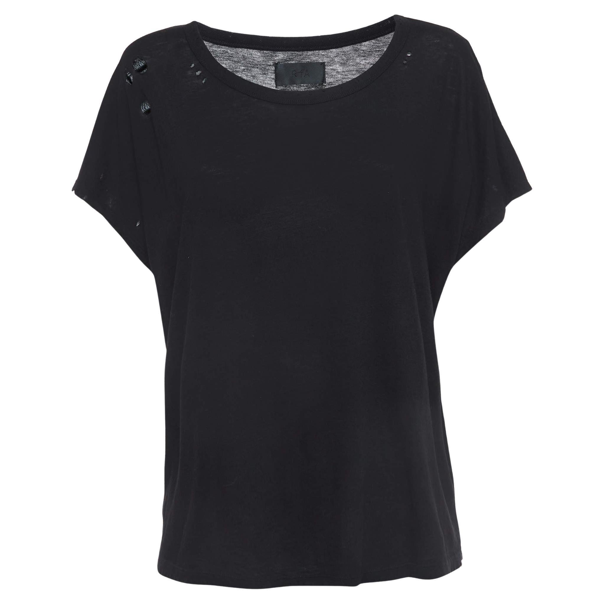 RTA Black Cotton Distressed Crop T-Shirt L For Sale