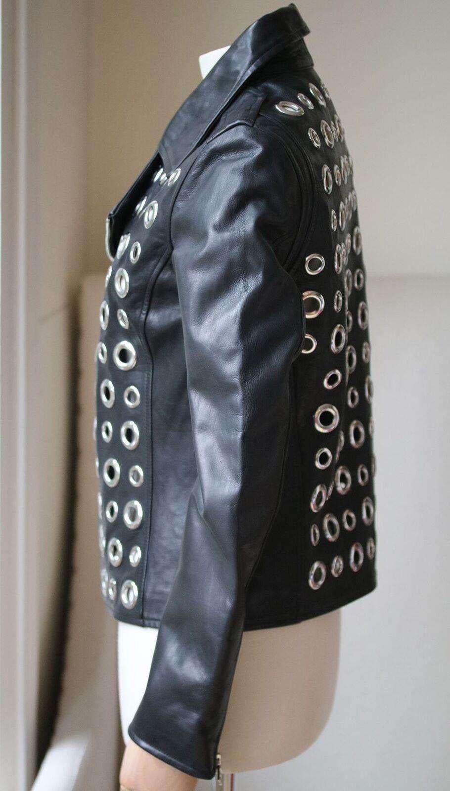 Black RtA Cleo Eyelet Embellished Leather Biker Jacket Small