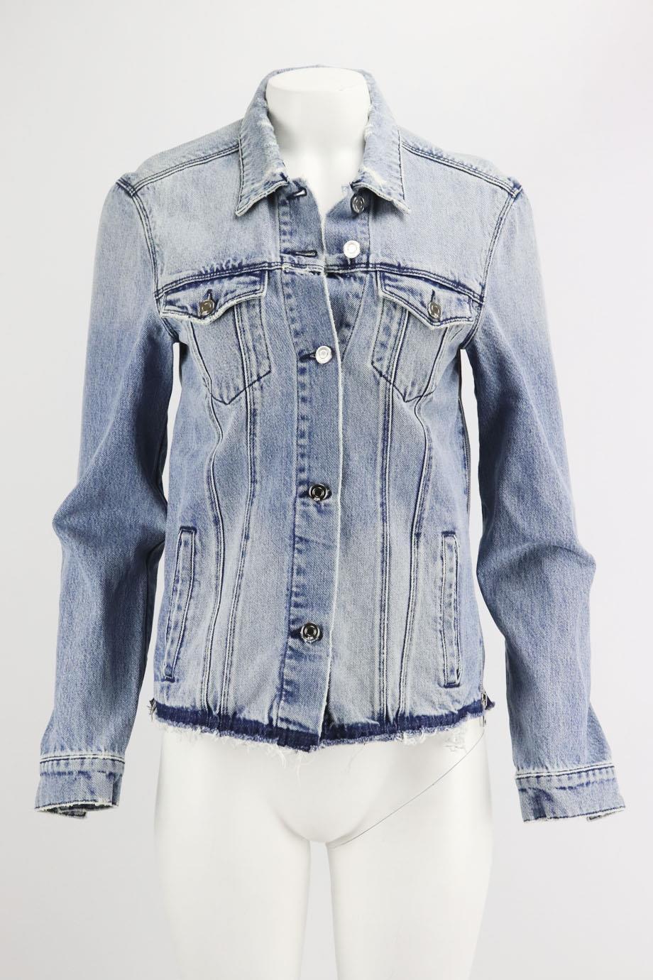 RtA distressed denim jacket. blue. Long sleeve, crewneck. Zip fastening at front. 100% Cotton. Size: Medium (UK 10, US 6, FR 38, IT 42). Shoulder to shoulder: 16.5 in. Bust: 34 in. Waist: 35 in. Hips: 38 in. Length: 25 in
