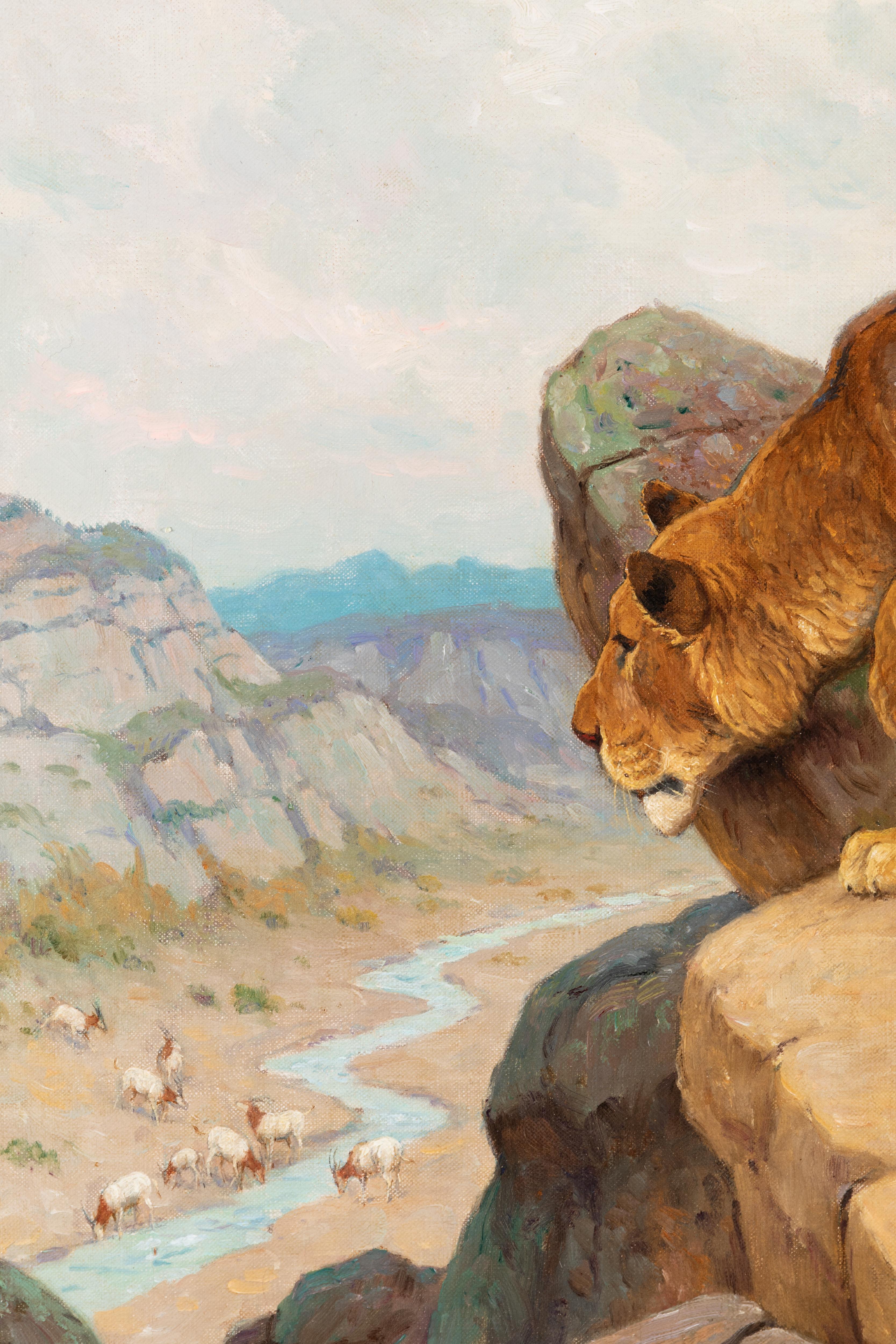 Lion and Lioness On The Hunt - Painting by RÖTIG Georges Frédéric  