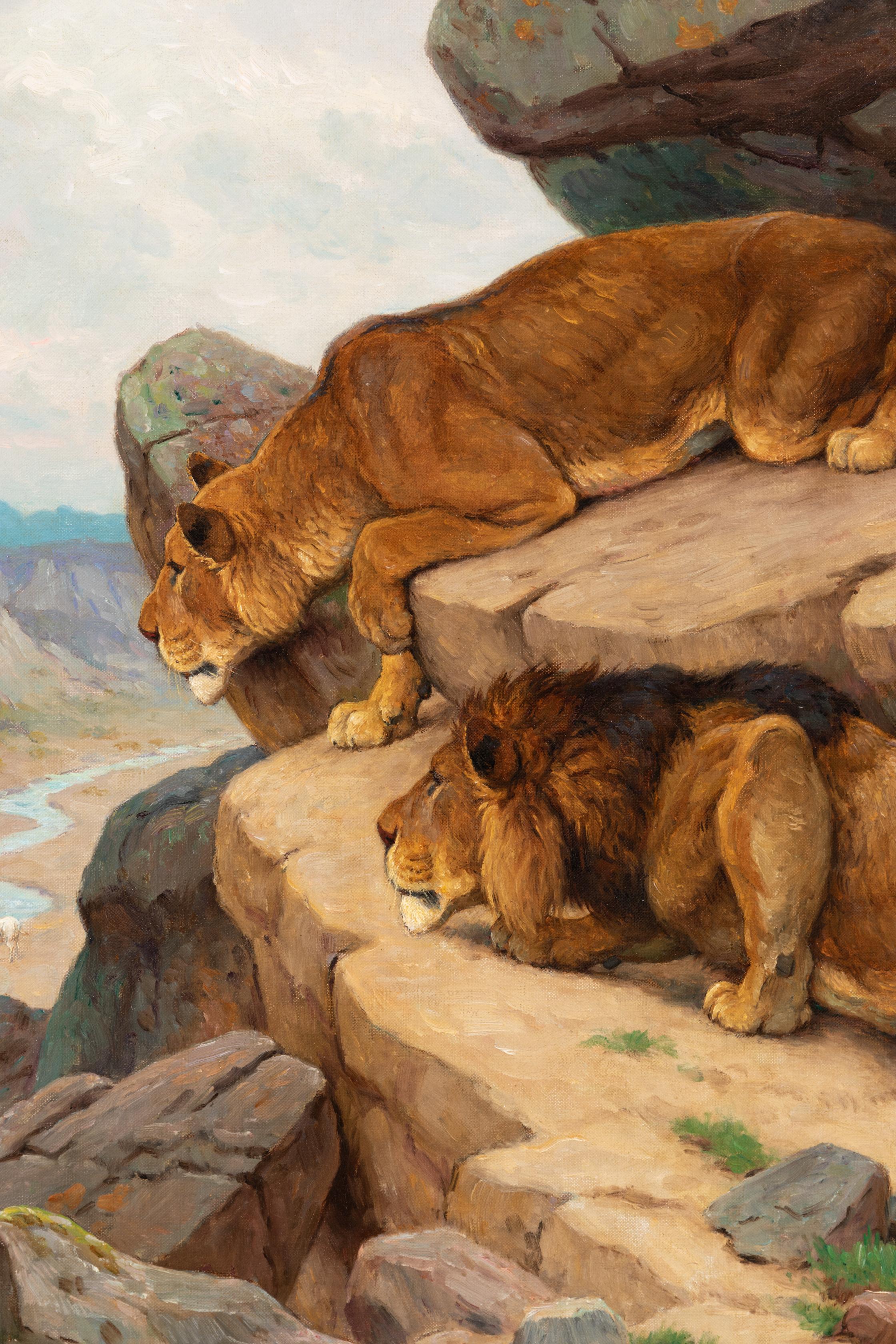 Lion and Lioness On The Hunt - Brown Animal Painting by RÖTIG Georges Frédéric  