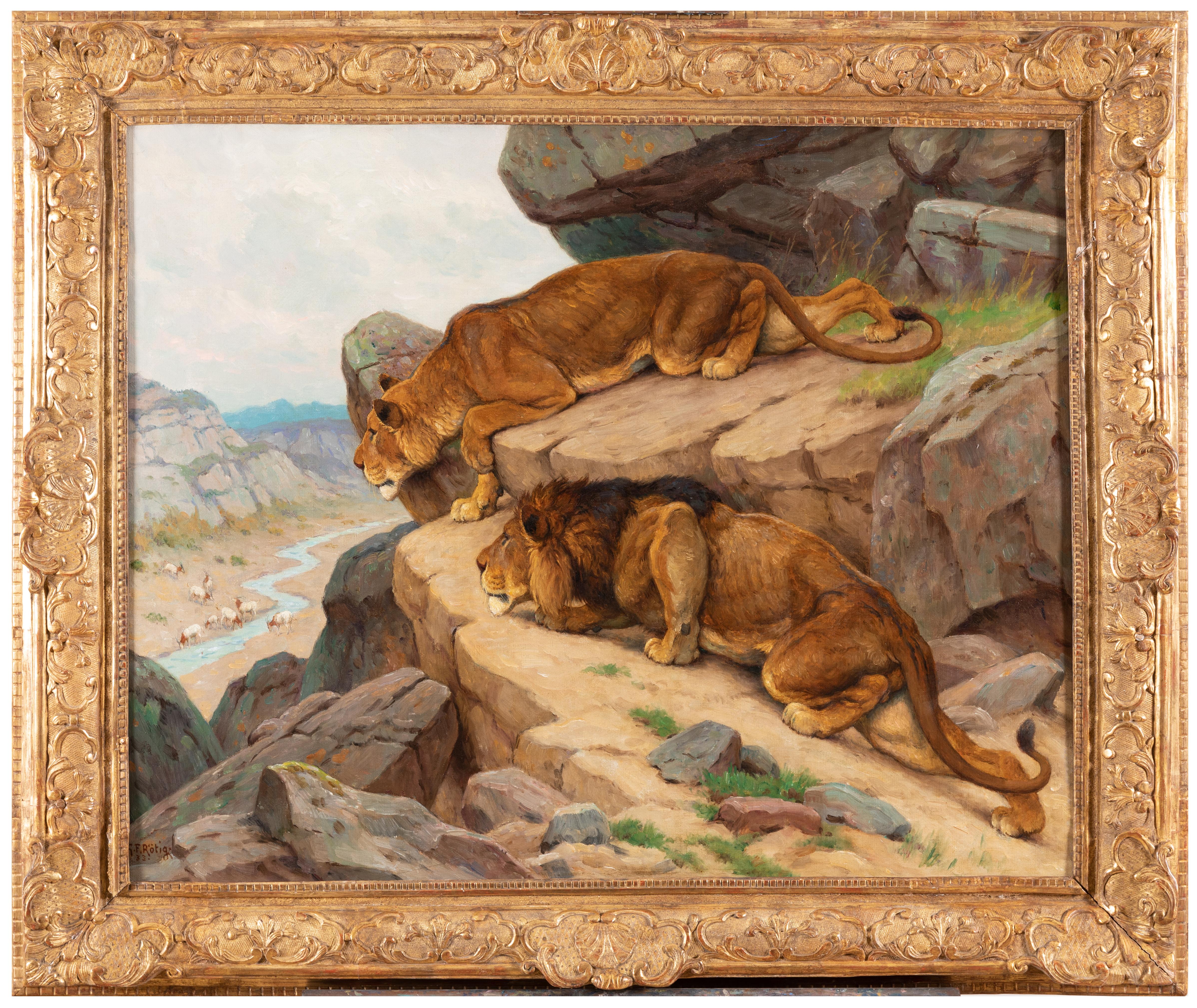 RÖTIG Georges Frédéric   Animal Painting - Lion and Lioness On The Hunt