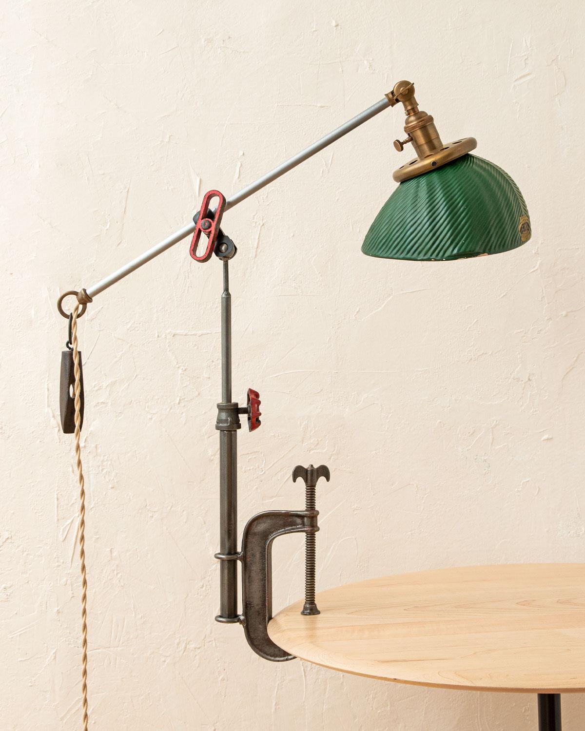 Steampunk Vintage Green Painted Glass and Steel Clamp Table Lamp