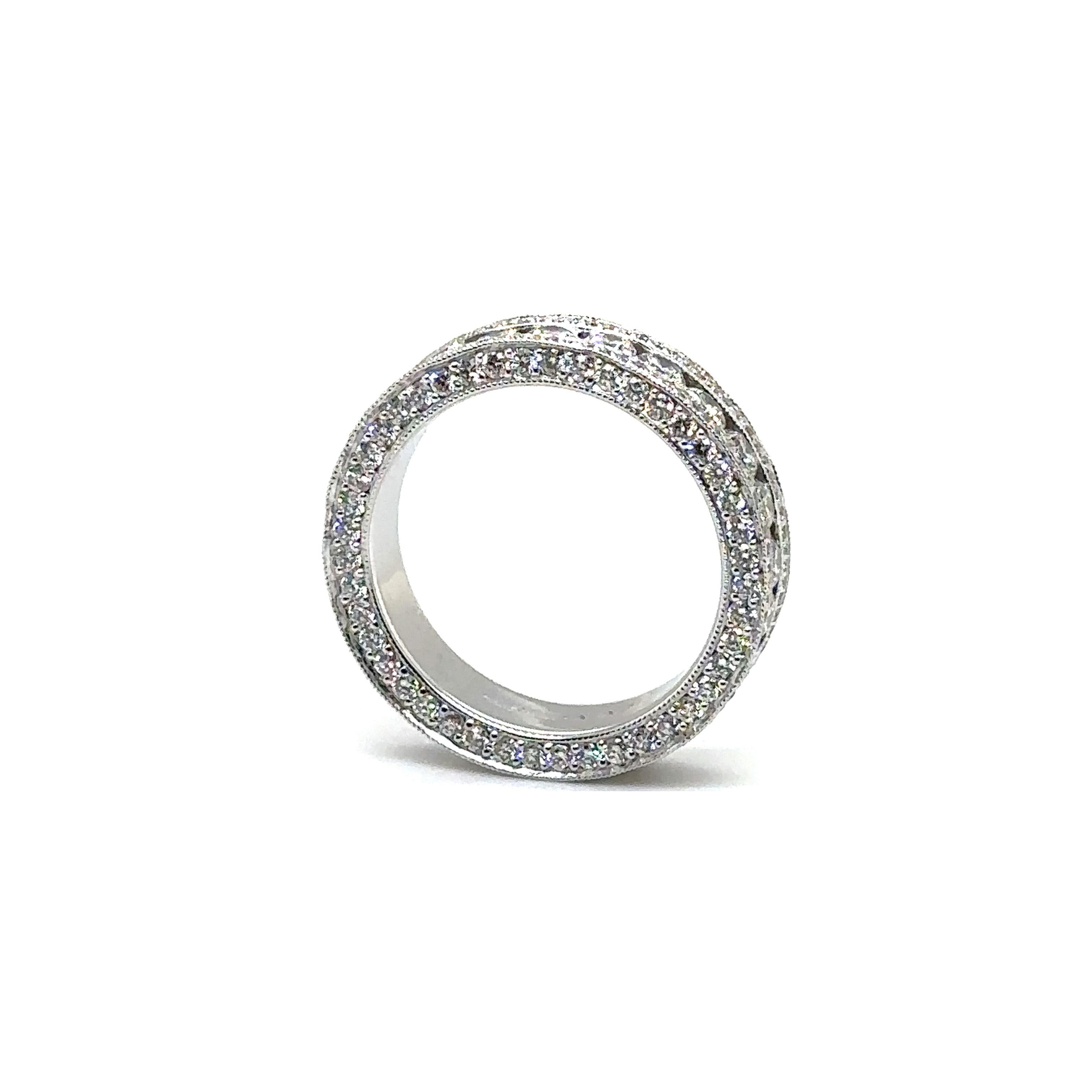 18K White Gold Wedding Ring with Diamond

Metal: 18K White Gold
Diamond Info: 
G/H VS, 271 Brilliant Round Diamonds 3.06 CWT. 
Total Ct Weight:  3.06 CWT.
Item Weight: 6.95 gm
Ring Size:   6.25 (Not Re-sizable)
Measurements:  5.3 mm
