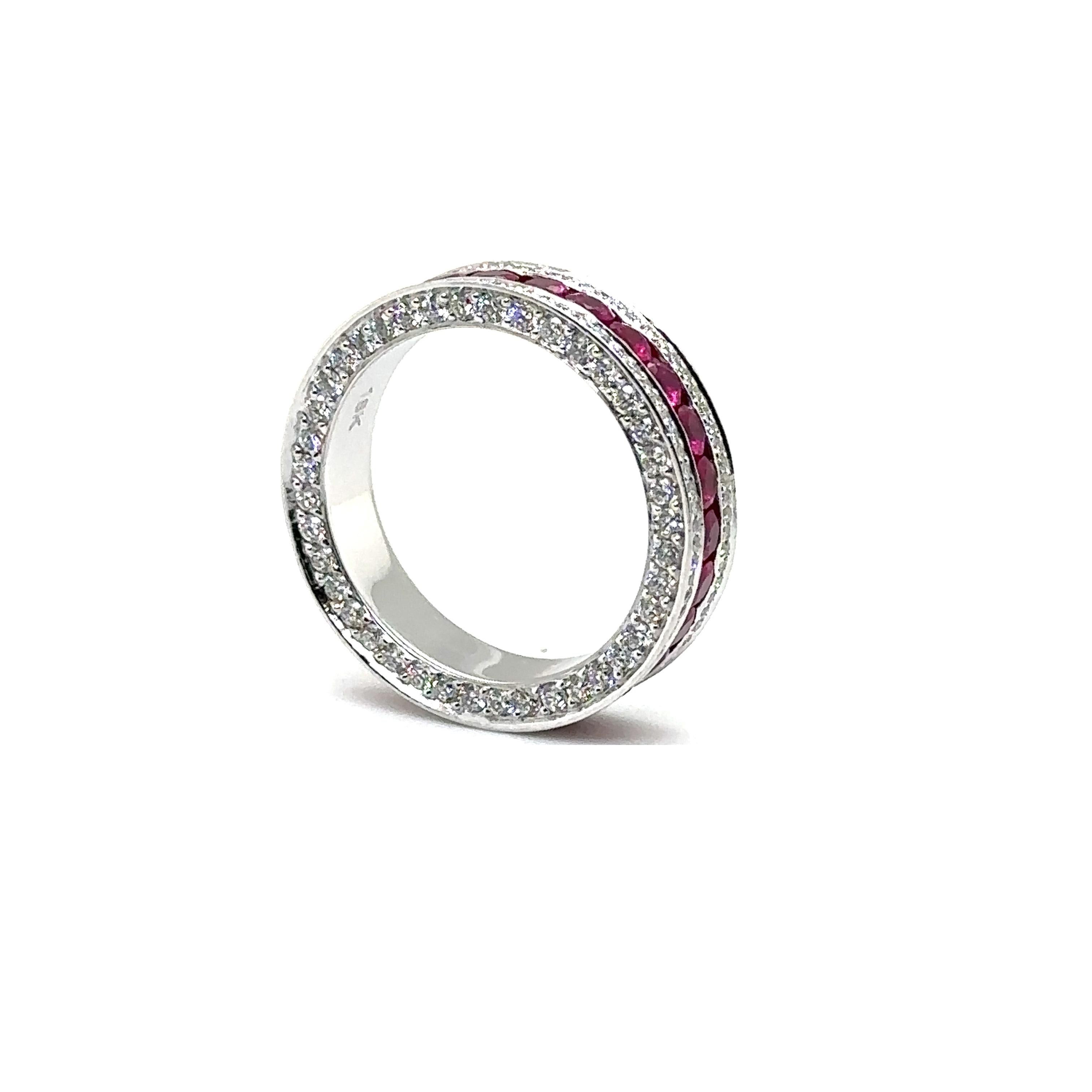 RTR004-RUBY - 18K WHITE GOLD WEDDING BAND With RUBY & DIAMONDS  In New Condition For Sale In New York, NY