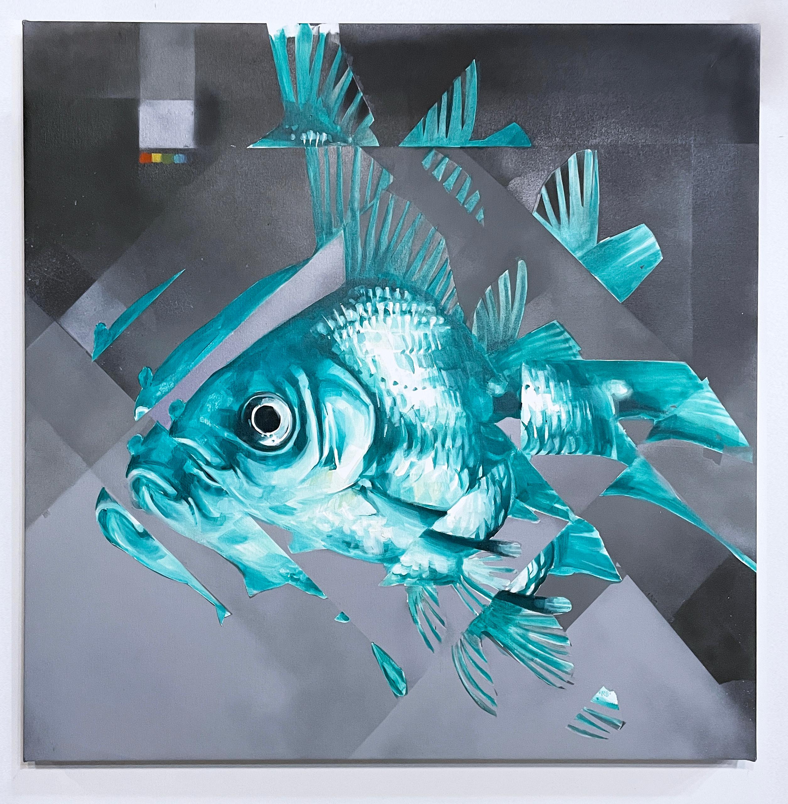 Big Fish (2022) oil on canvas, figurative, gray, blue, pixels, water, goldfish - Painting by RU8ICON1