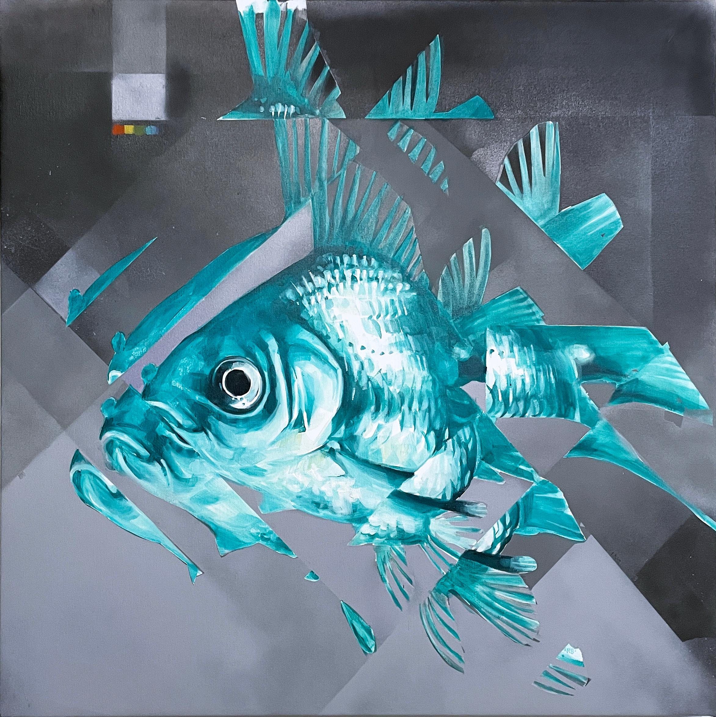 RU8ICON1 Animal Painting - Big Fish (2022) oil on canvas, figurative, gray, blue, pixels, water, goldfish