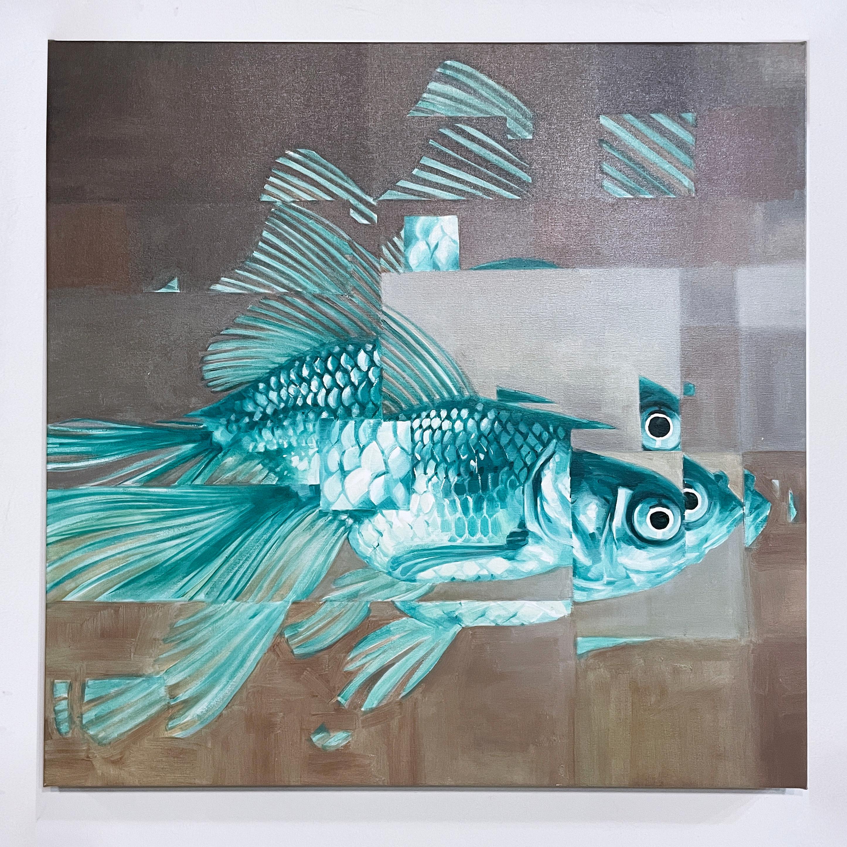 Big Fish Too (2022) oil on canvas, gray, pewter, blue, pixels, water, goldfish - Painting by RU8ICON1