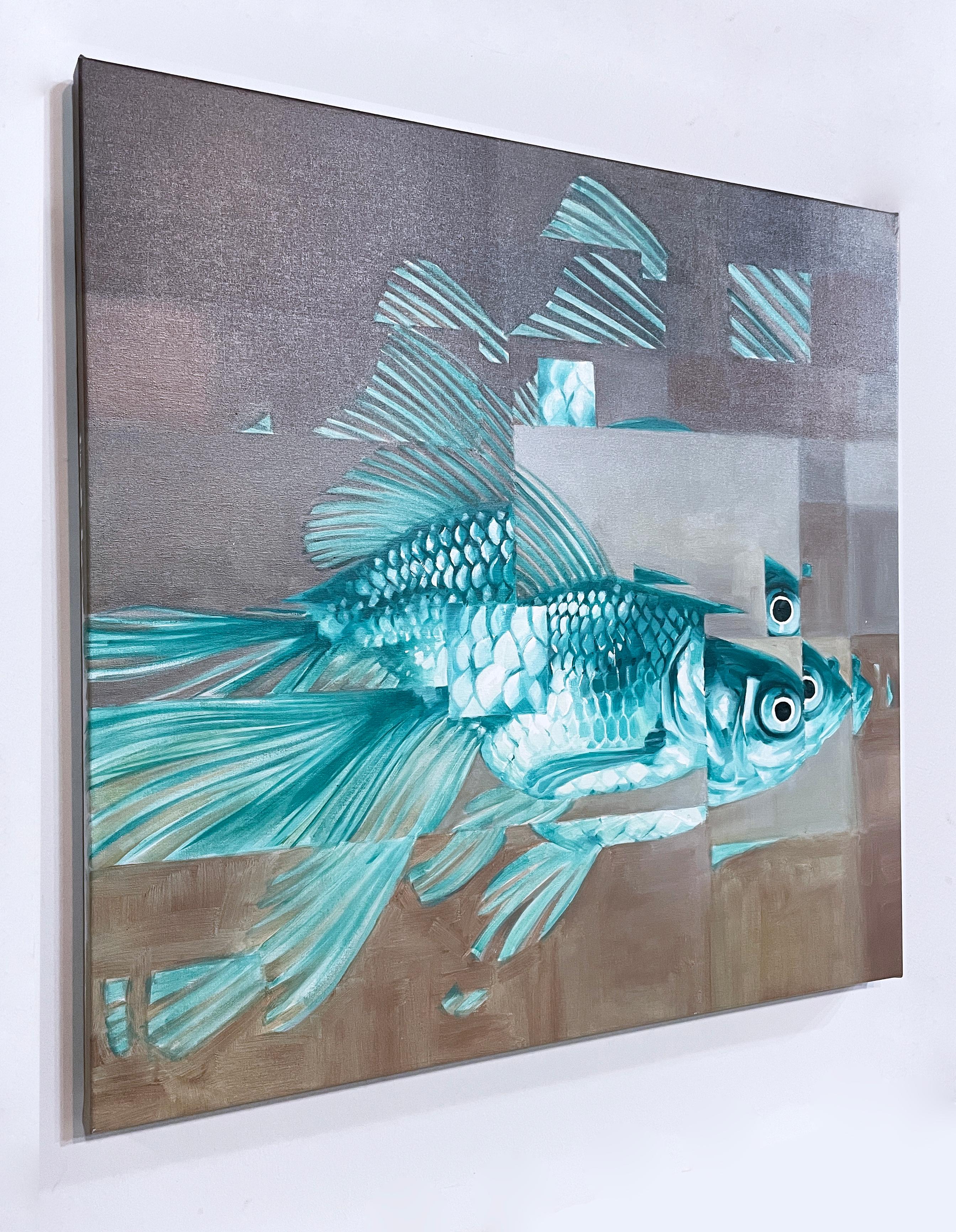 Big Fish Too (2022) oil on canvas, gray, pewter, blue, pixels, water, goldfish - Gray Figurative Painting by RU8ICON1