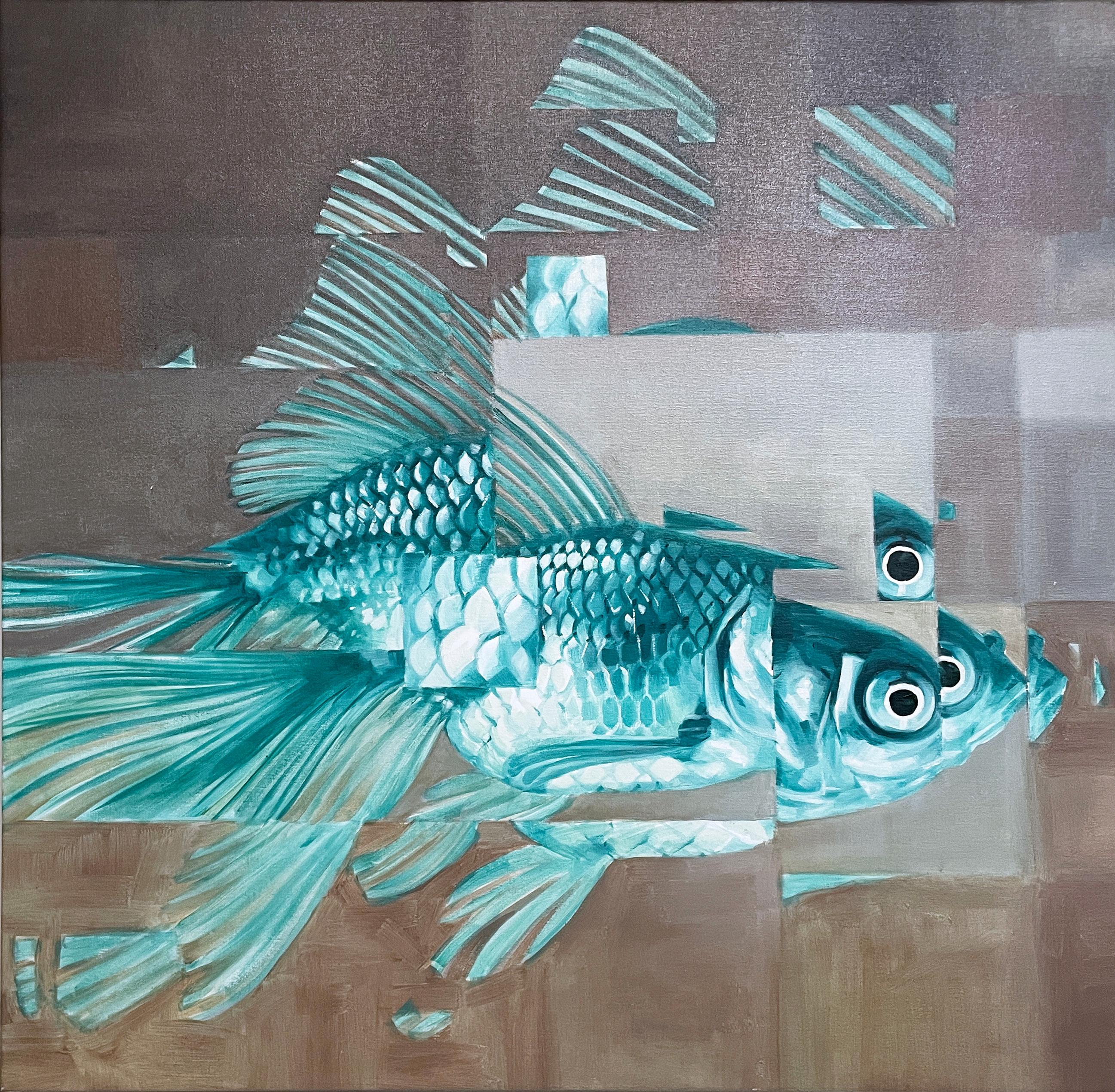 RU8ICON1 Figurative Painting - Big Fish Too (2022) oil on canvas, gray, pewter, blue, pixels, water, goldfish