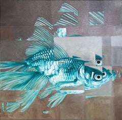 Big Fish Too (2022) oil on canvas, gray, pewter, blue, pixels, water, goldfish