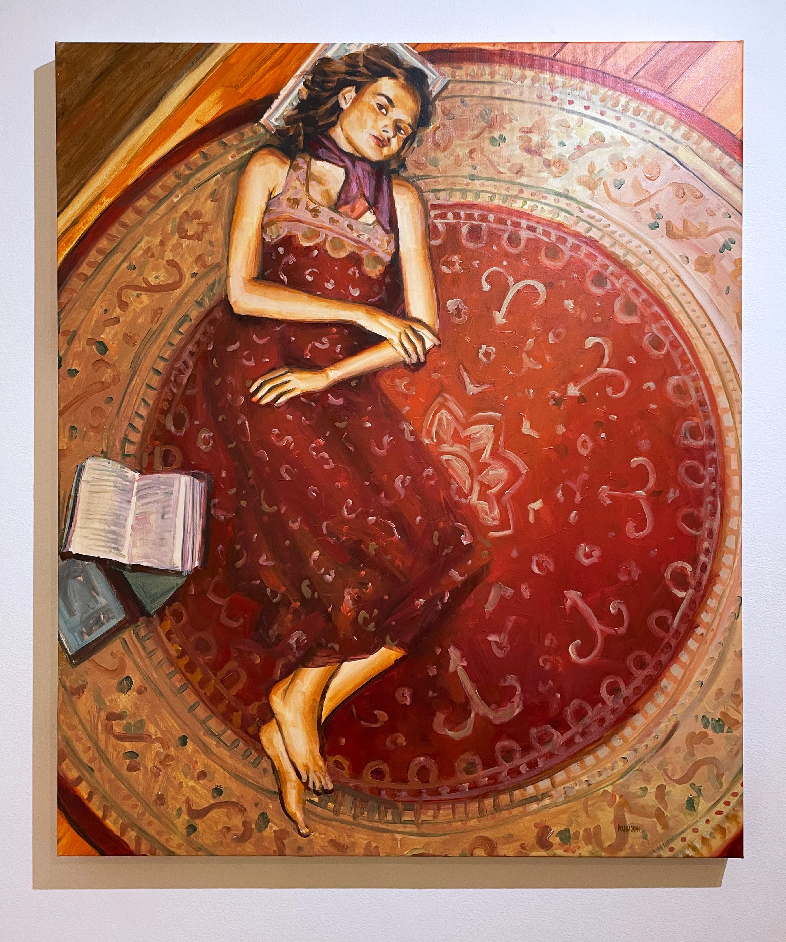 Day Dreaming (2022) Öl auf Leinwand, figurativ, Frau mit Büchern, rot, Muster – Painting von RU8ICON1