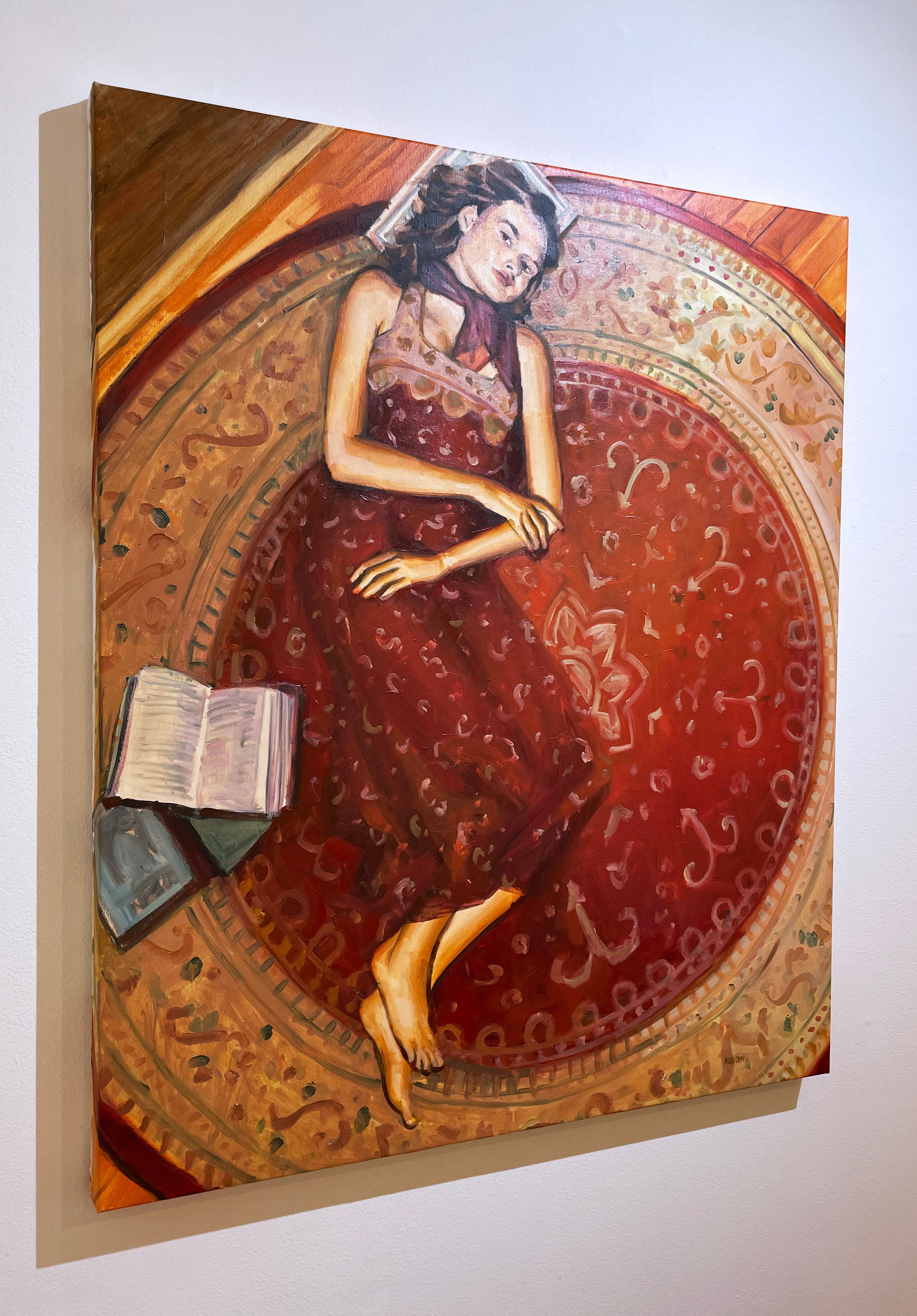Day Dreaming (2022) oil on canvas, figurative, woman with books, red, pattern - Contemporary Painting by RU8ICON1
