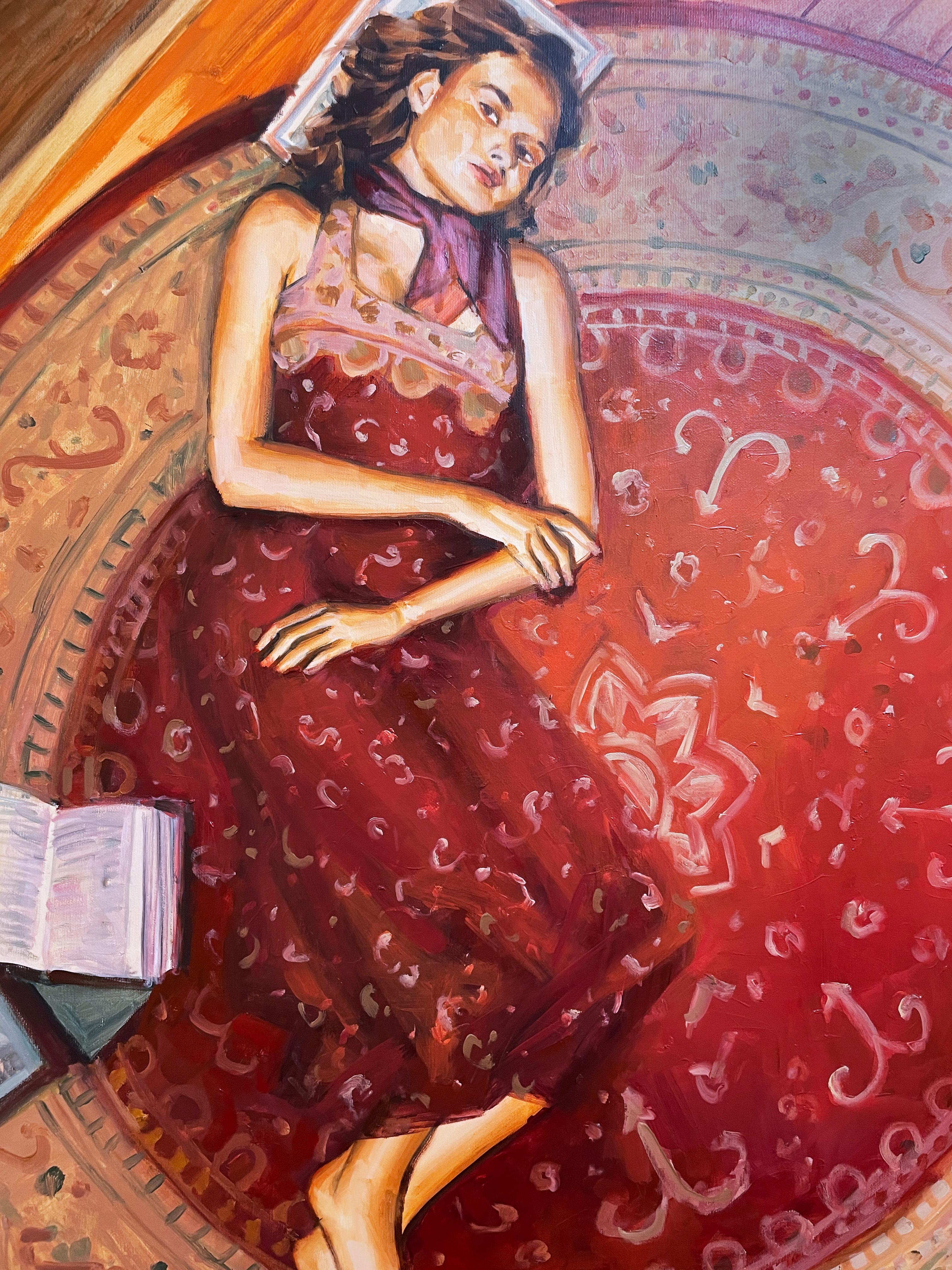 Day Dreaming (2022) óleo sobre lienzo, figurativo, mujer con libros, rojo, motivo en venta 1