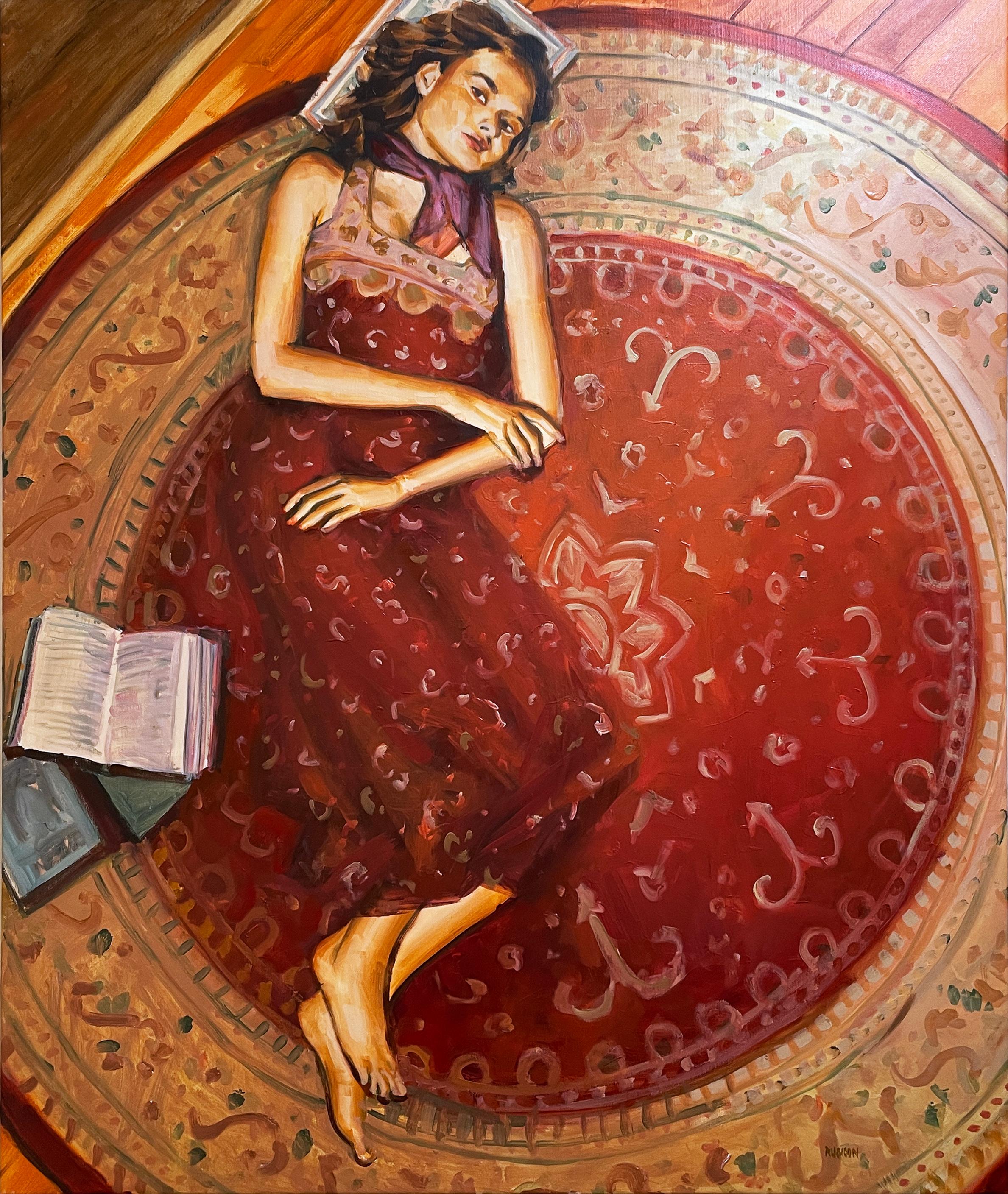 Day Dreaming (2022) Öl auf Leinwand, figurativ, Frau mit Büchern, rot, Muster